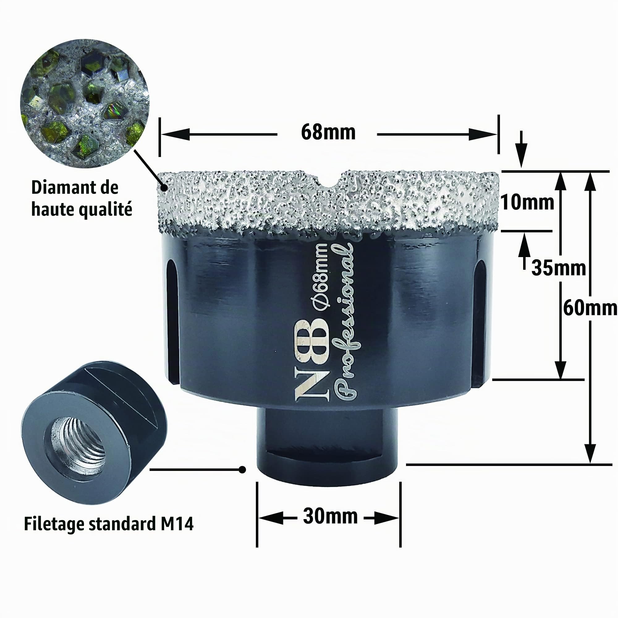 NBB Scie cloche diamant brasé sous vide avec M14, pour le forage à sec ou humide de manière professionnelle sur porcelaine dure, céramique, carrelage, granit, pour meuleuse d'angle (Dia.68mm)