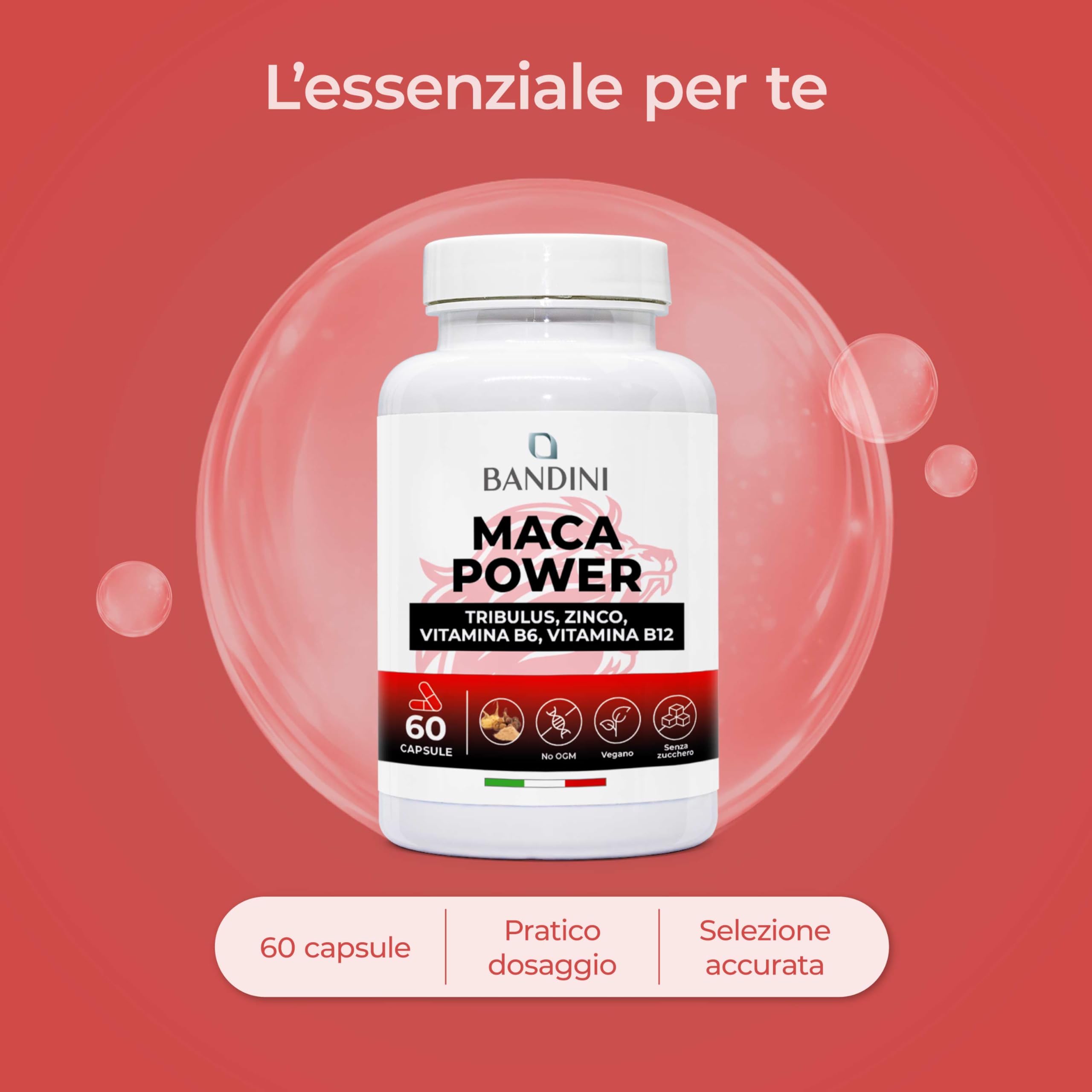 Bandini® MACA POWER Peruviana, 60 Capsule 100% Vegane, Complesso ad Alto Dosaggio con Tribulus, Arginina, Zinco, Vitamina B6 e B12 - Stanchezza Fisica e Mentale, Energia, Sport - Made in Italy
