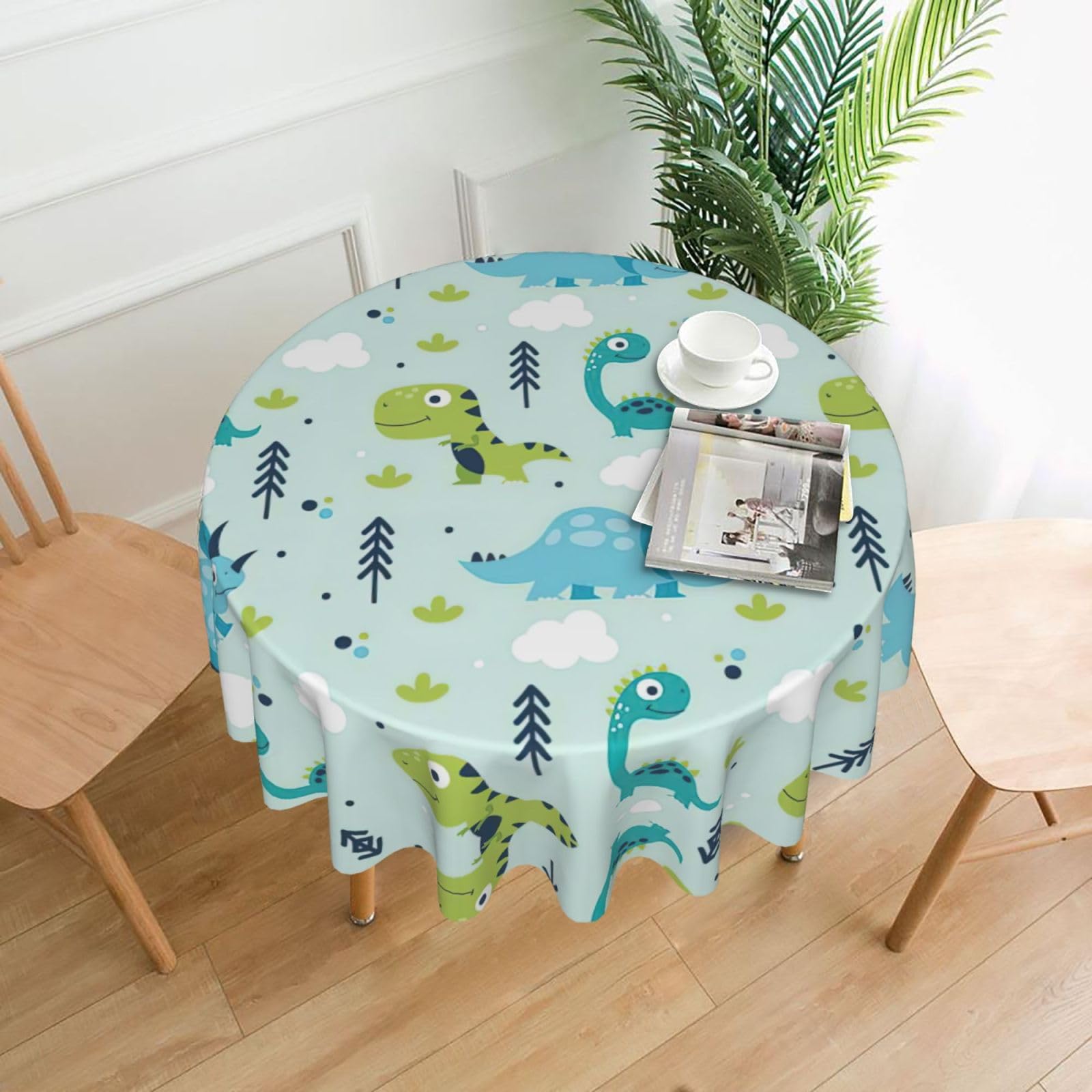 VCzsdff Dinosaur pattern Print Stain Resistant Round Tablecloth 60in Family Friendly Polyester Cloth for Kids Meals