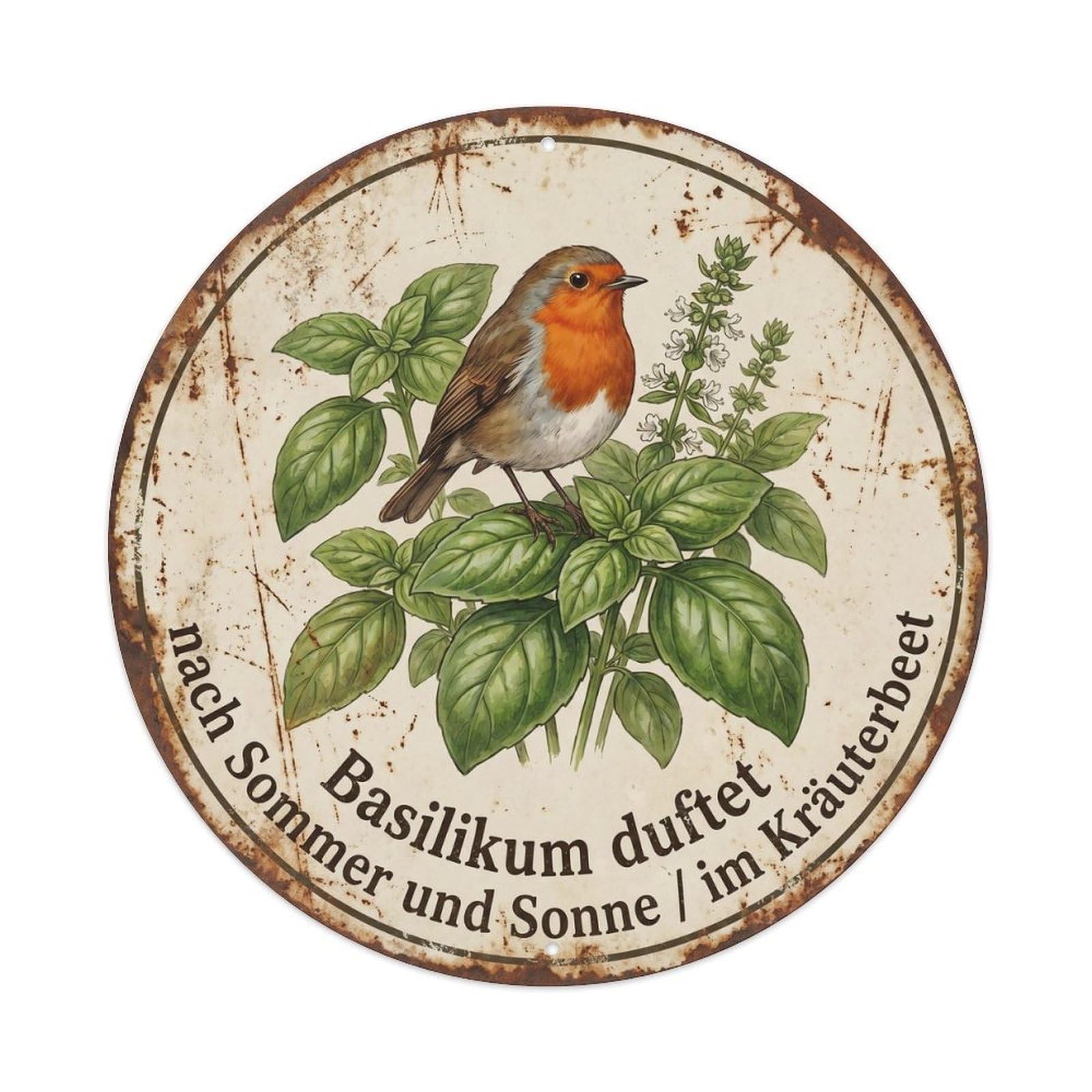 Robin Bird Garden Quote Basil CircleMetal Tin Sign