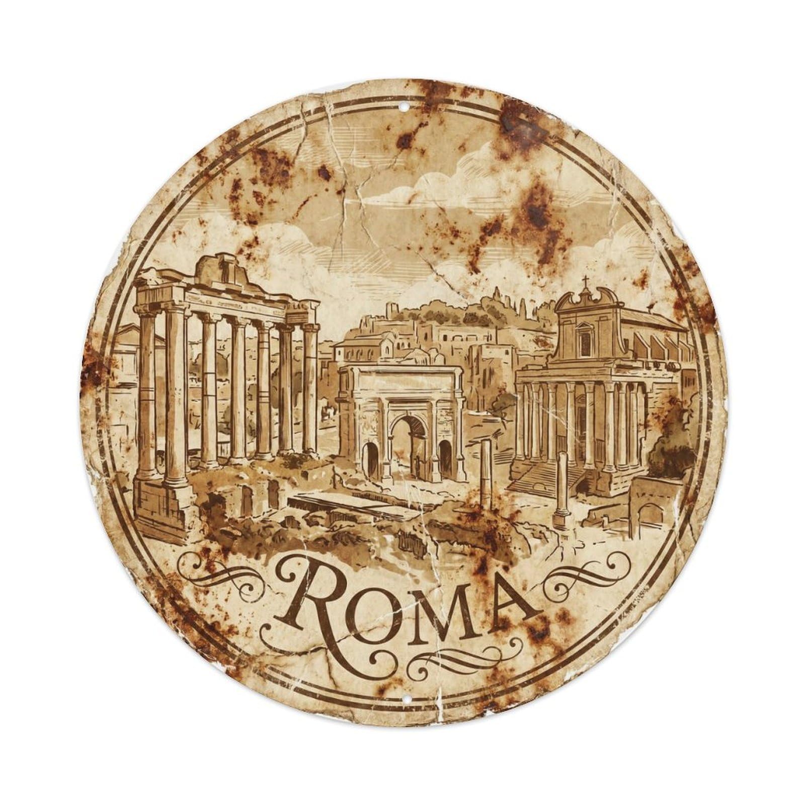 Vintage Travel Rome Forum Ruins Metal Tin Sign Plaque Wall Decor for Cafe, Club Bar, Office, Home Garden Round Metal Poster 8x8Inch