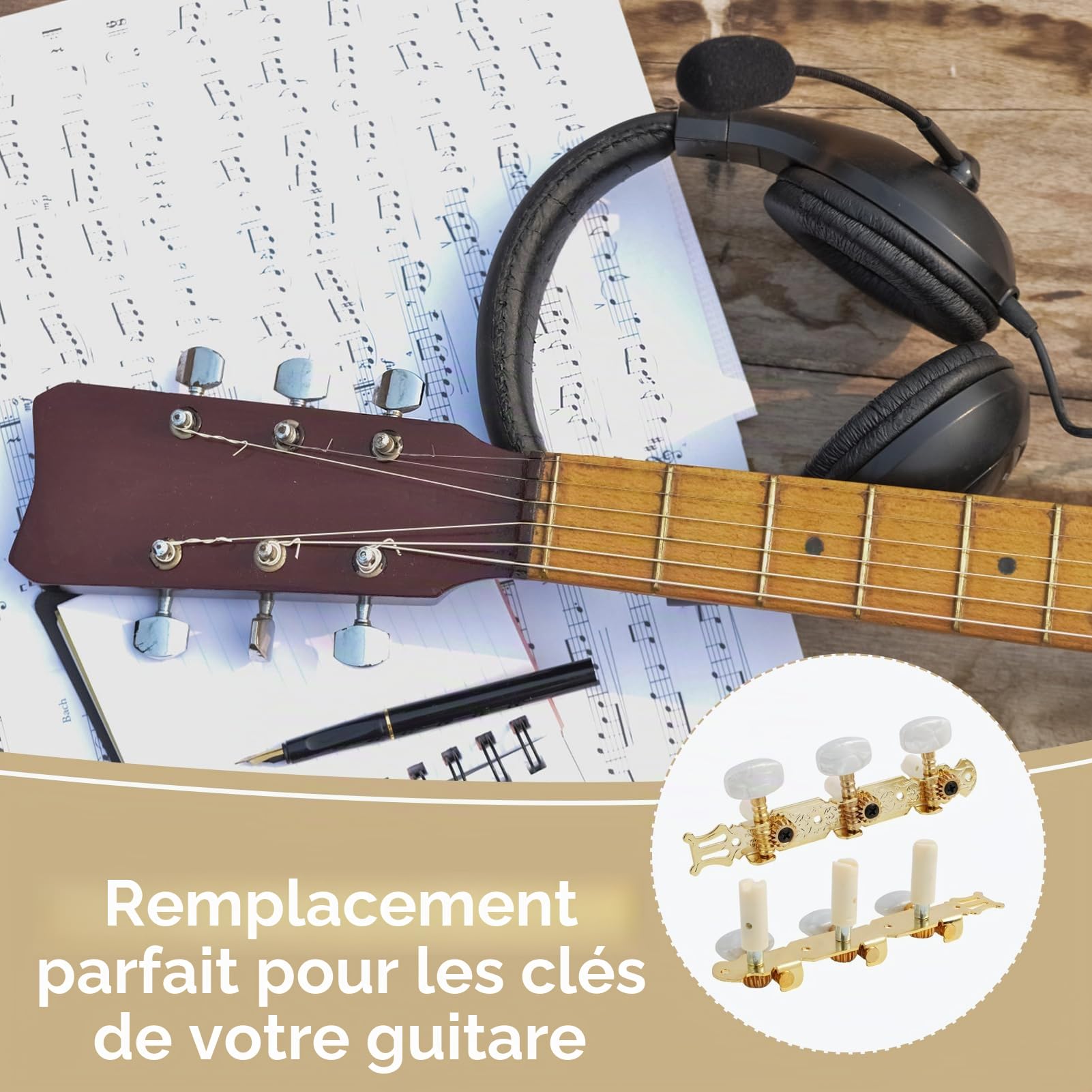 2 Pièces Mécaniques pour Guitares Classiques, Guitare Classique Tuning Pegs 3L+3R avec Boutons Blancs, Mécaniques d'Accordage de Remplacement pour Guitare Acoustique et électrique