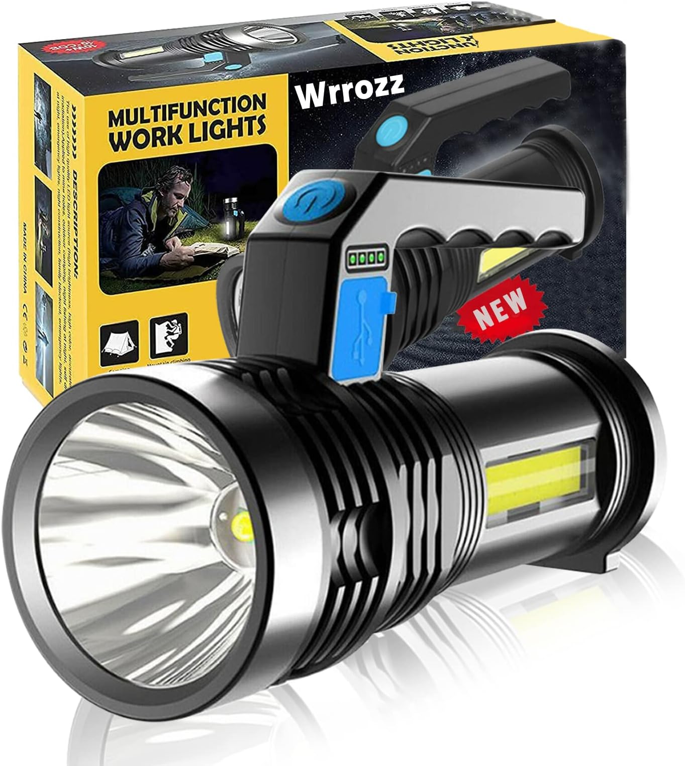 Wrrozz LED Flashlight High Lumens USB Rechargeable Flashlight for Camping, Hiking, Walking, Powerful Emergency Flashlight with 4 Modes for Outdoor Use, Bright Flashlight with Sidelight Lantern