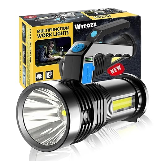 Wrrozz Rechargeable Led Flashlight, USB Super Bright Flashlights, High Lumens Handheld Portable Torch Lamp, Tactical Light with Sidelight, High Powered Brightest Emergency Camping Lantern