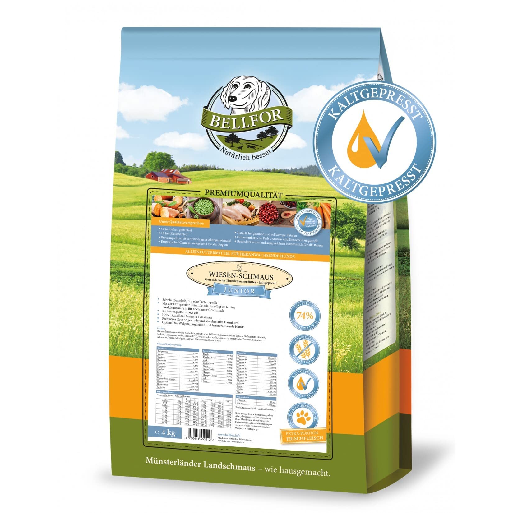 Bellfor Welpenfutter Set für große Rassen Wiesen-Schmaus Junior 4 kg Freiland-Happen 200g und Gelenke & Knochen Kapseln 30 Stück mit Ovopet