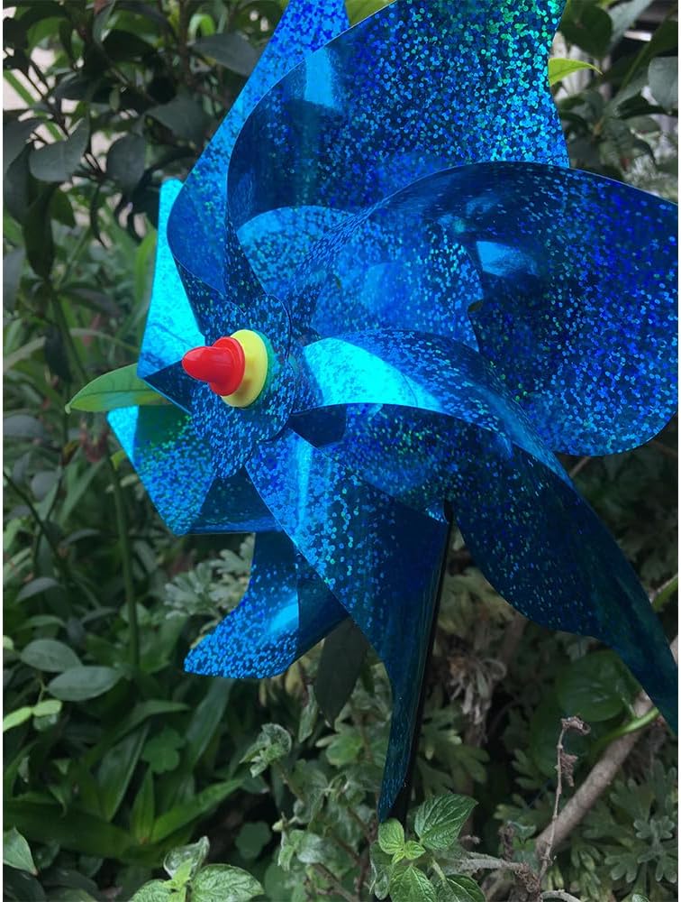 6 Pack Blue Sparkly Reflective Pinwheels – Holographic Wind Spinners for Outdoor Garden, Yard & Farm – Bird Deterrent & Decorative Whirligigs for Patio, Lawn