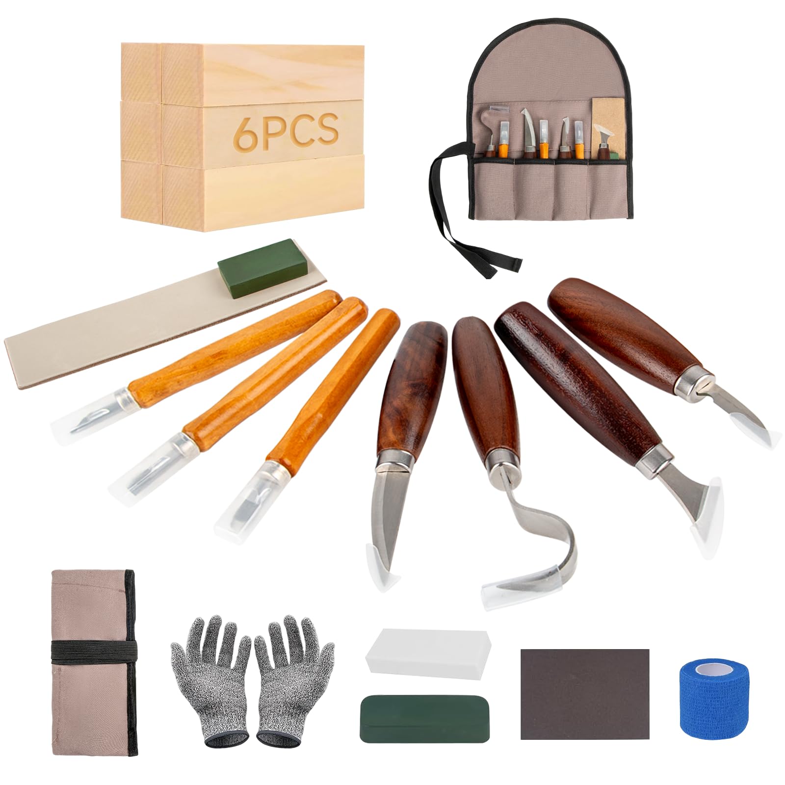 24PCS Woodworking Tools Set, Wood Whittling Kit for DIY Lovers Beginners, Including Basswood Blocks, PU Storage Bag (24PCS)