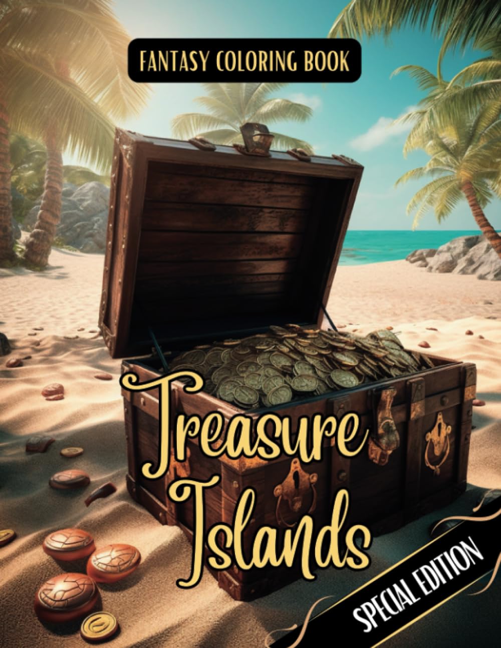 Fantasy Coloring Book Treasure Islands Special Edition: Black Line and Grayscale Images of Hidden Treasure Chests and Lost Island Landscapes (Pirate Special Edition Coloring Books)