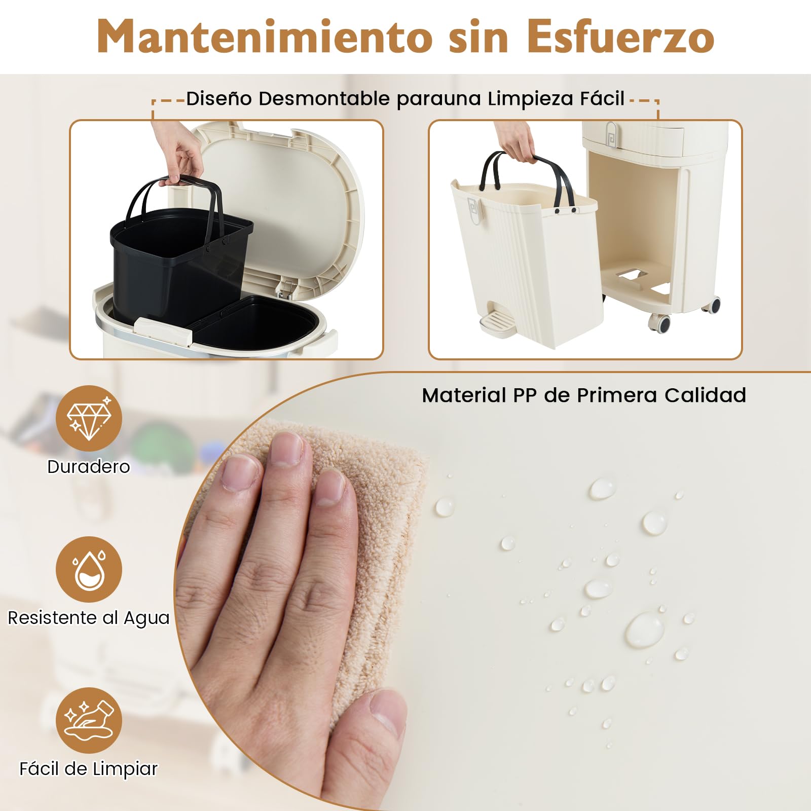GOPLUS Cubo de Basura Cocina 42 L con 3 Compartimentos, Pedal y Ruedas, Cubo Basura con Tapa, 2 Cubos Extraíbles y Cajón, Contenedor Vertical para Reciclaje para Salón, Baño, Beige