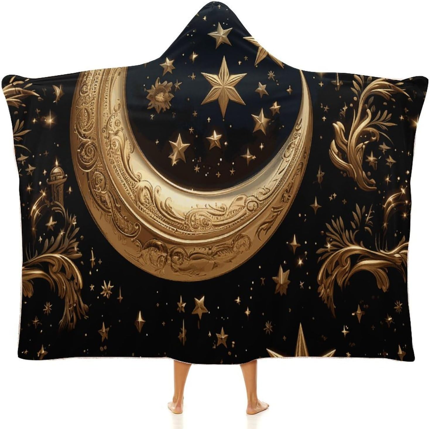 Golden Stars And Moon Wearable Fleece Blanket with Hood for Men & Women Oversized Hoodie Blanket Soft Cozy Gift-