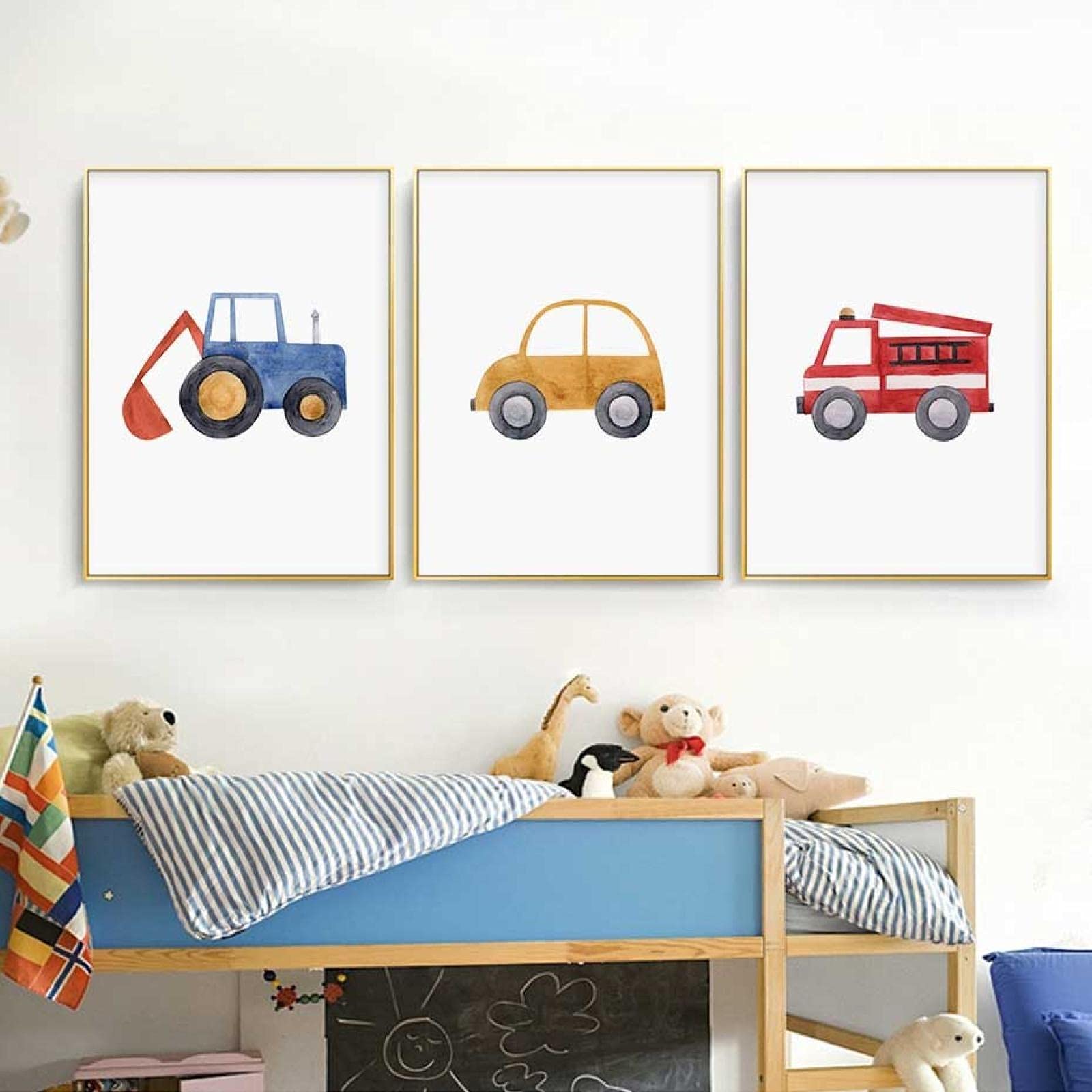 Pintura en lienzo lindo niño mecánico azul tractor camión de bomberos arte de la pared carteles e impresiones decoración del dormitorio de los niños 40x60cm (16x24in) x3 marco interior