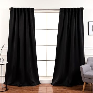 Best Home Fashion Premium Curtain Panels - Solid Thermal Insulated Window Treatment Drapes for Bedroom - Back Tab & Rod Pocket Black - 52" W x 126" L - Set of 2 Panels