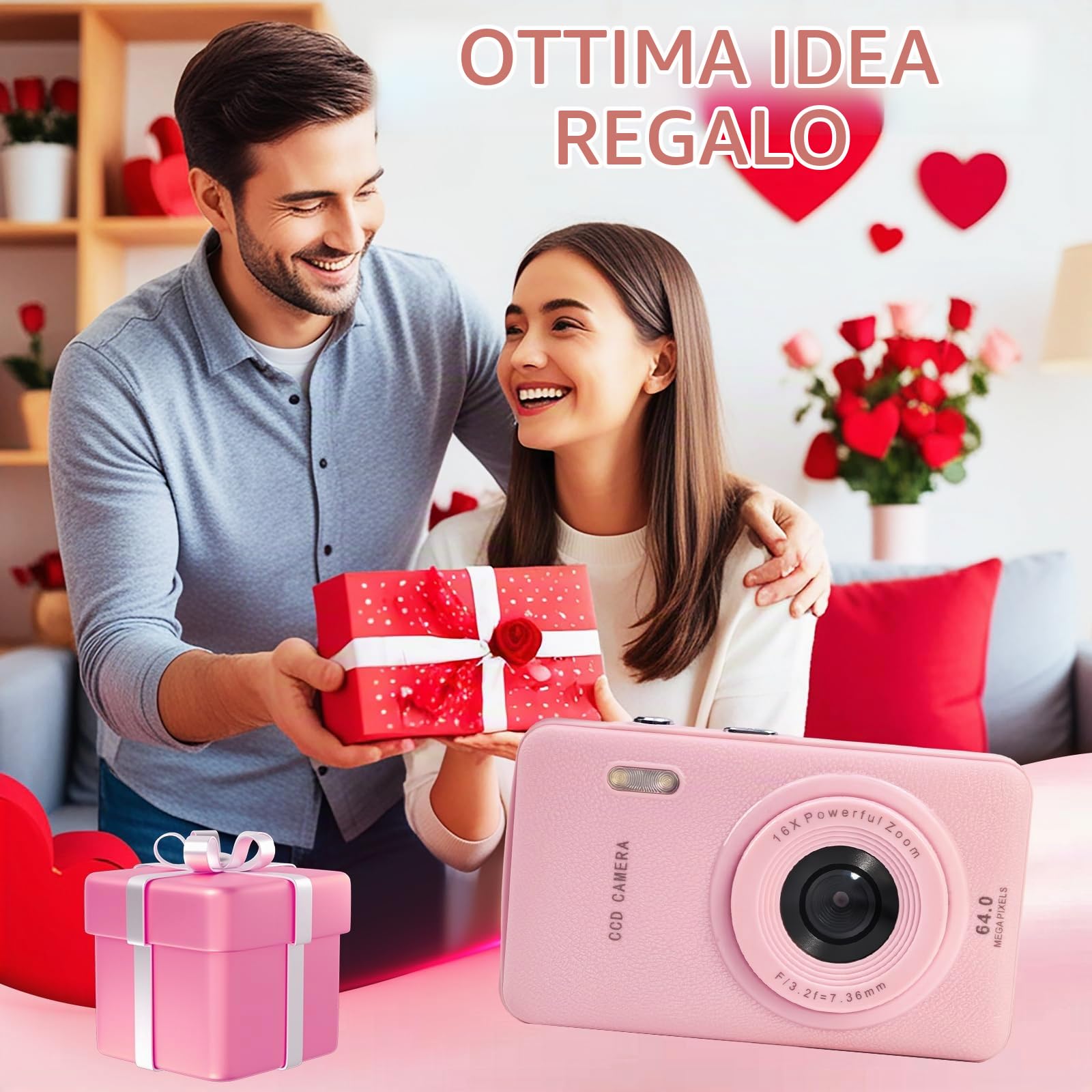 Fotocamera digitale, 16MP 1080P FHD con display da 2,4 pollici, zoom 16x, autofocus, anti-shake, fotocamera compatta e portatile entry-level per foto e video, Rosa