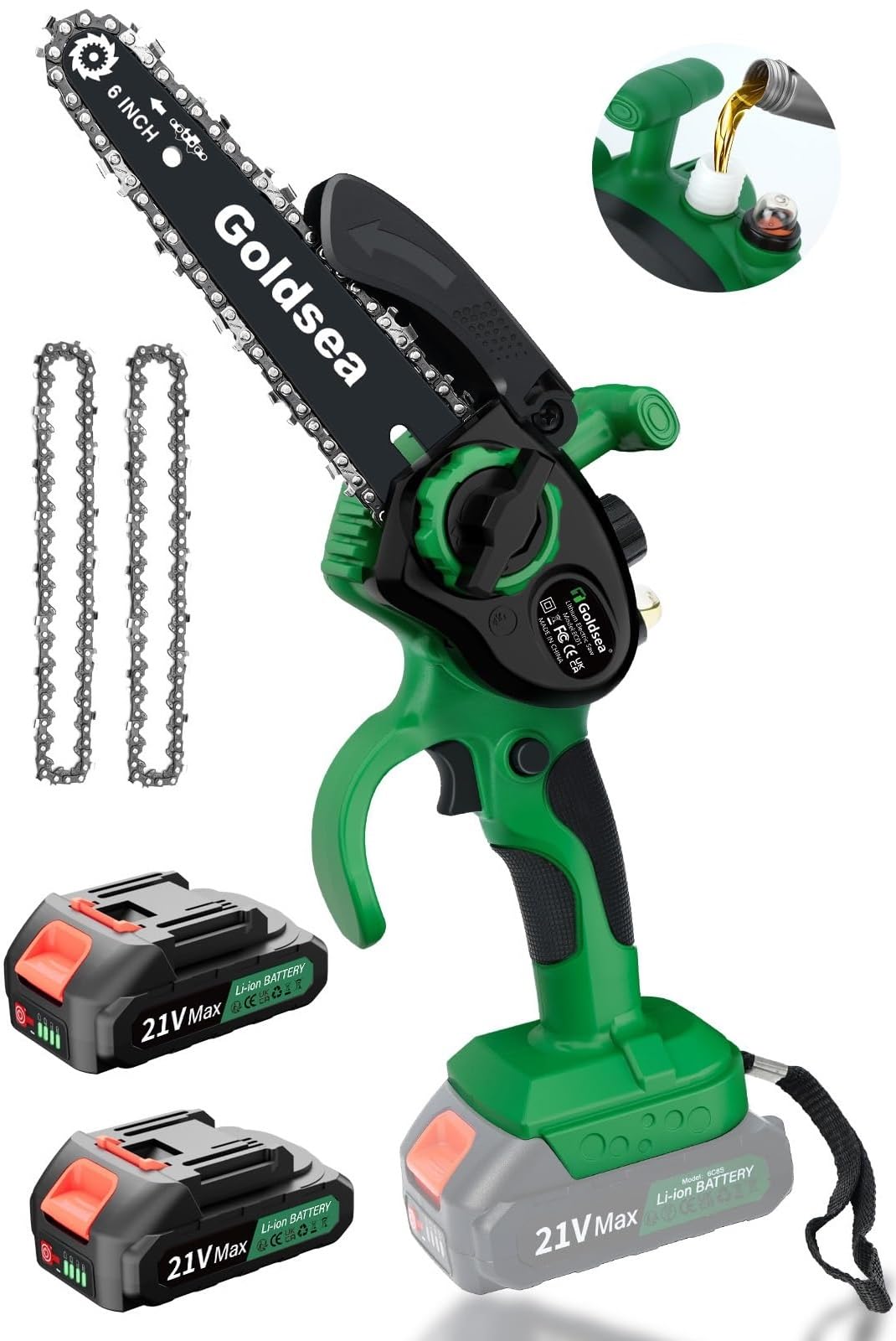 Goldsea 6-inch Cordless Electric Chainsaw in use, demonstrating one-hand operation for light pruning.