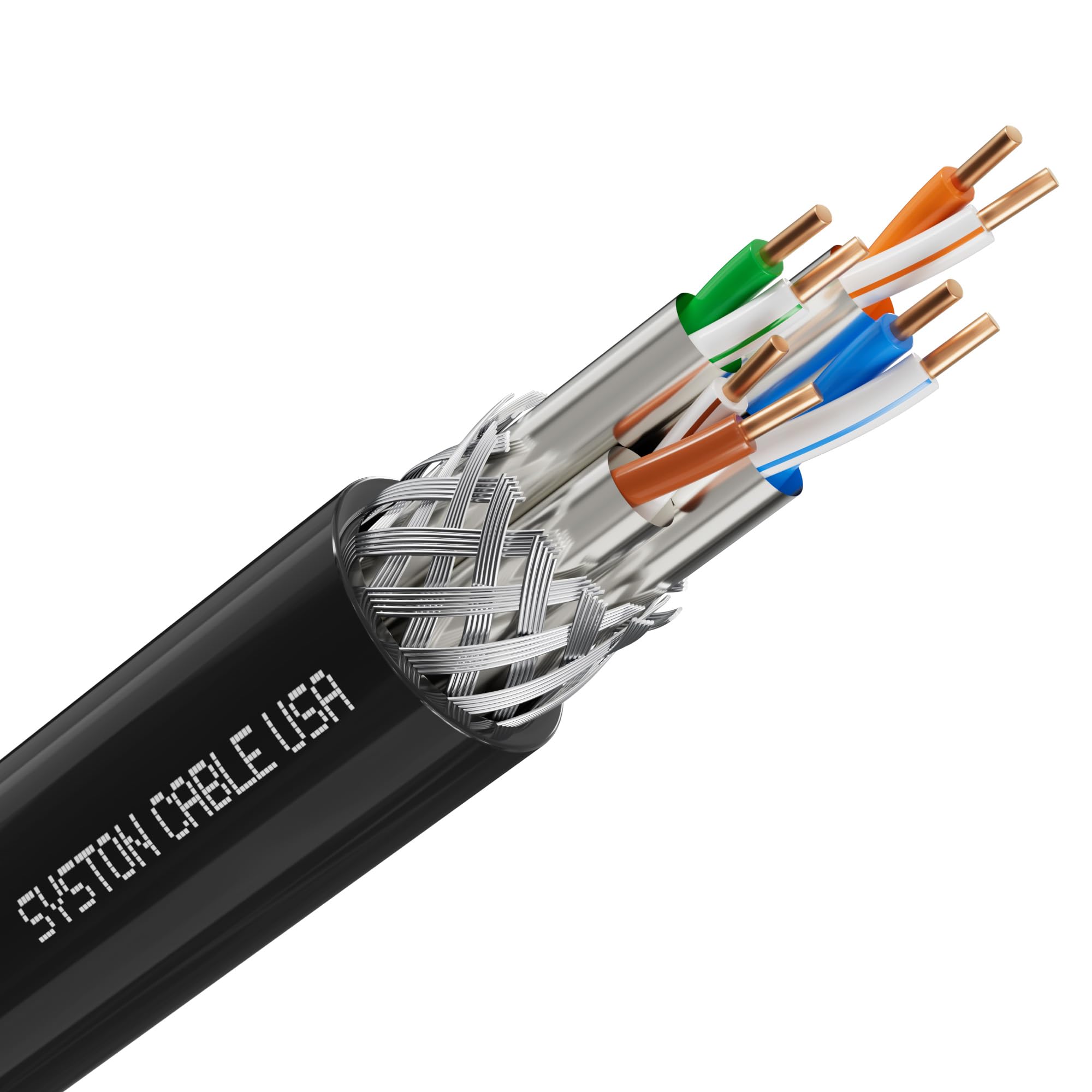 Syston Cable Cat8 Ethernet Bulk Raw Cable 2000MHz 2GHz 40GB 500 ft Solid Bare Copper S/FTP Individual electromagnetic Tinned Copper Braid Shield 22/4 4 Pair 22 AWG CMR FT4 UTP Black Order to Cut 500 FT Bulk Black Riser