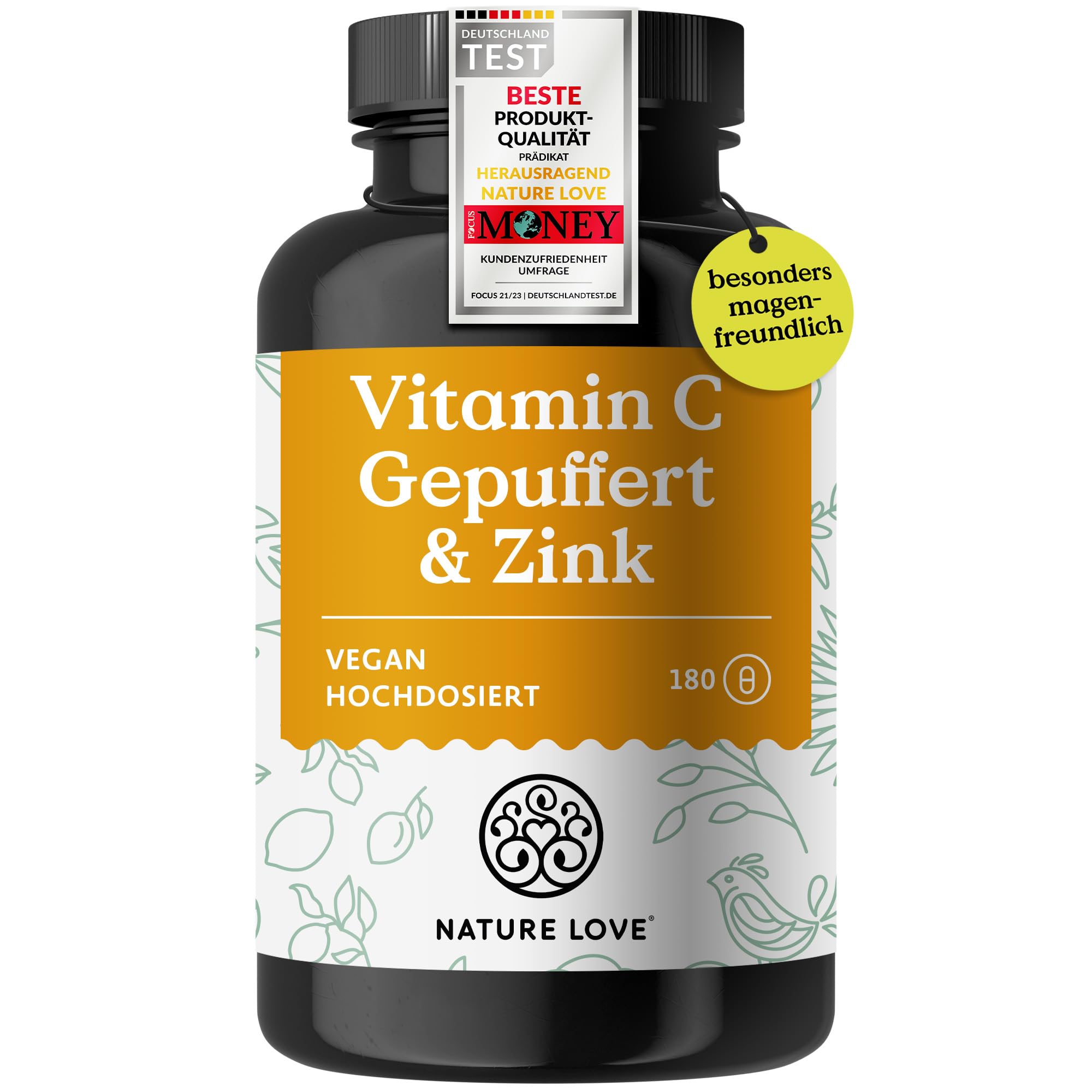 NATURE LOVE® Vitamin C Gepuffert & Zink – 180 Kapseln – hochdosiert 1000mg + 15mg Zink – Fermentation von Mais, pH-neutral, säurefrei – laborgeprüft, vegan und in Deutschland produziert