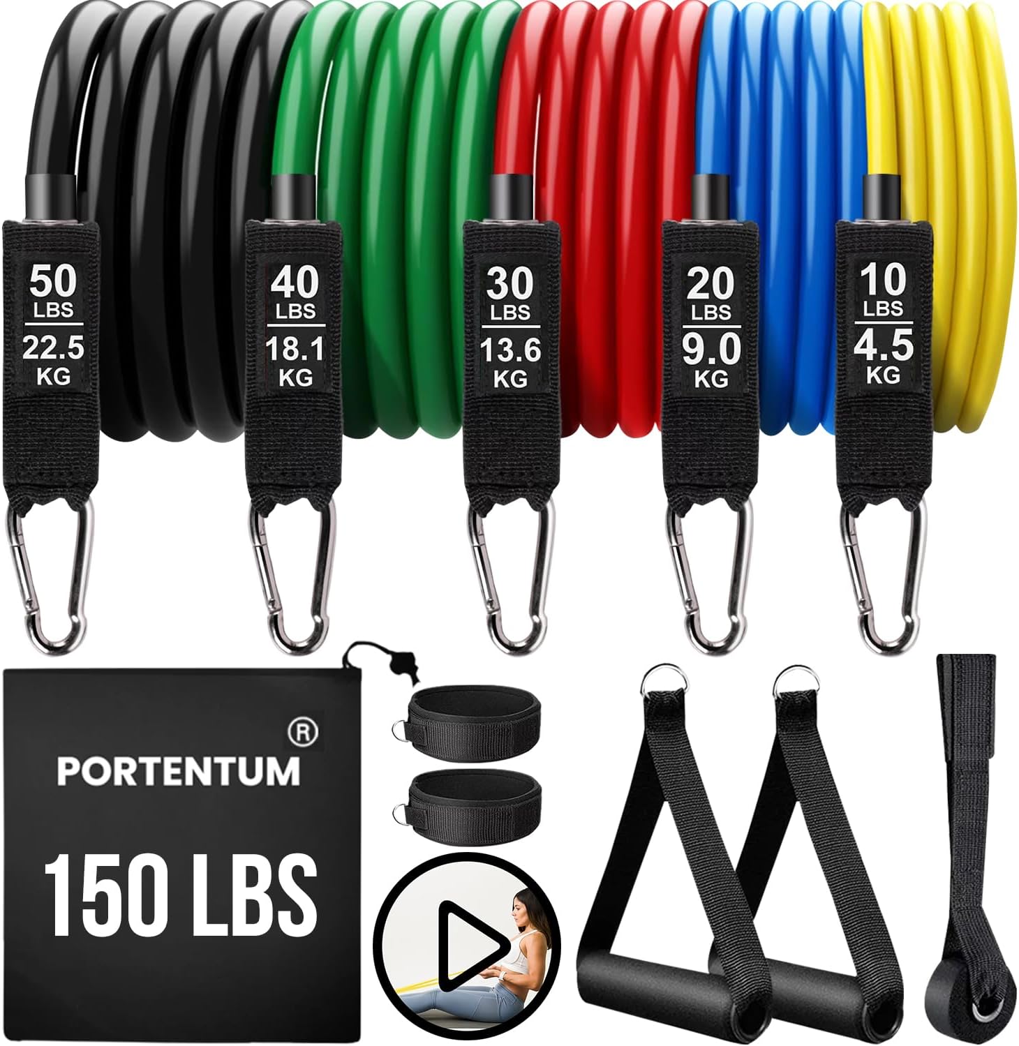 Resistance Bands Weight Building Kit 150 lbs 12 Elastic Bands for Yoga Calisthenics Gym Crossfit TRX Pilates Home Gym – Elastic Muscle Bands with Anklets and Door Grip