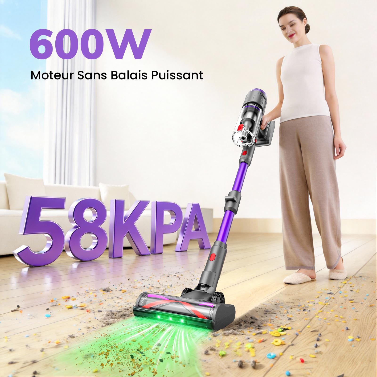 Aspirateur Balai sans Fil 600W/58000Pa/75min, Aspirateur sans Fil Puissant avec Mini Brosse Turbo Anti-Acariens, Tube Pliabl, Brosse Anti-emmêlement, pour Tapis, Sols Durs, Poils d'animaux