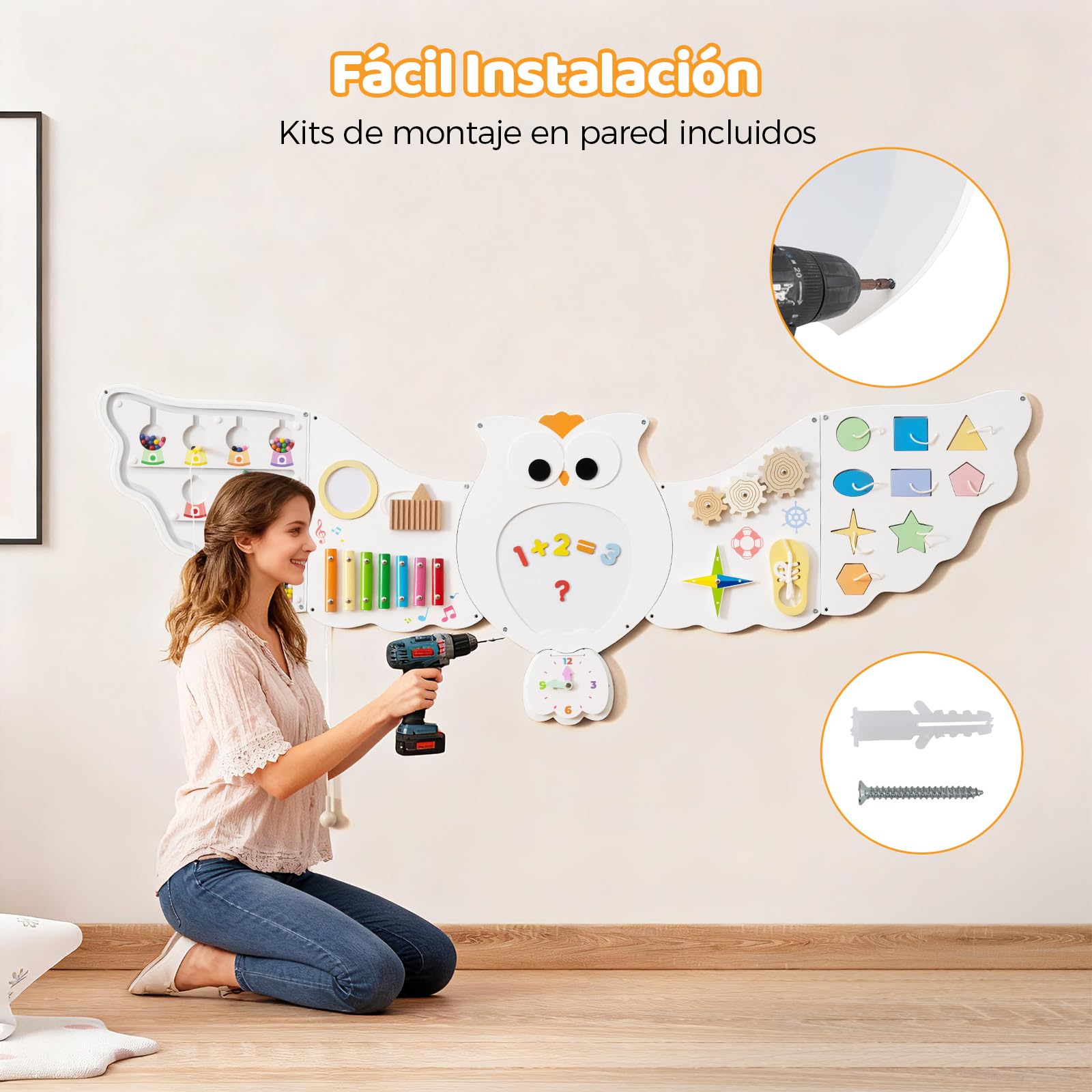 COSTWAY Tableros de Actividades de Pared para Niños de Búho, 11 en 1 Paneles de Actividades para Niños, Juguete Educativo Sensorial Montessori de Madera para Niños de 3+ Años, Sala de Juegos Guardería