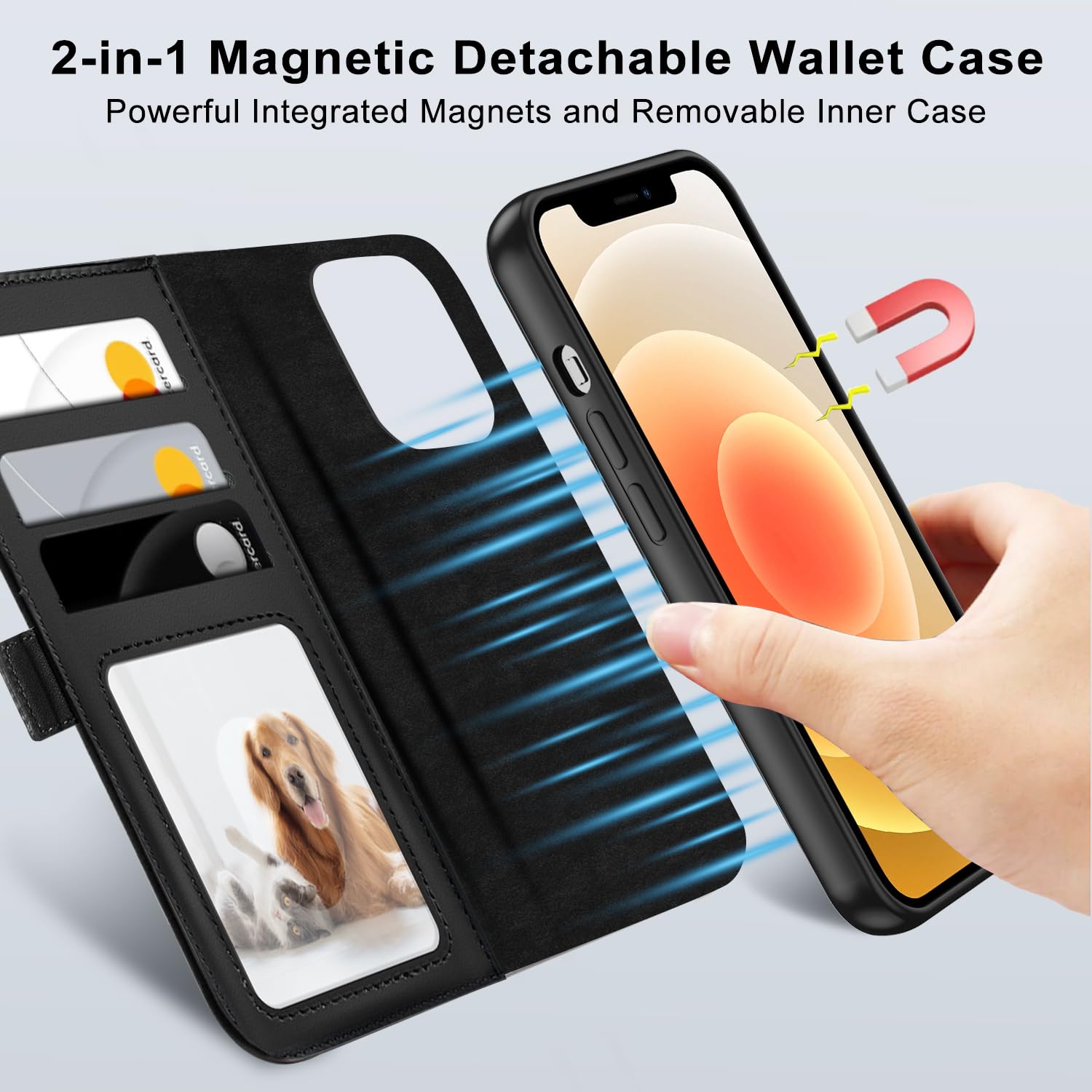 XTCASE Magnétique Coque pour iPhone 12/12 Pro Compatible avec MagSafe, 2 in 1 Housse en Cuir PU Premium Amovible Protection Etui à Rabat Fentes Carte Pochette de Portefeuille Antichoc, Noir