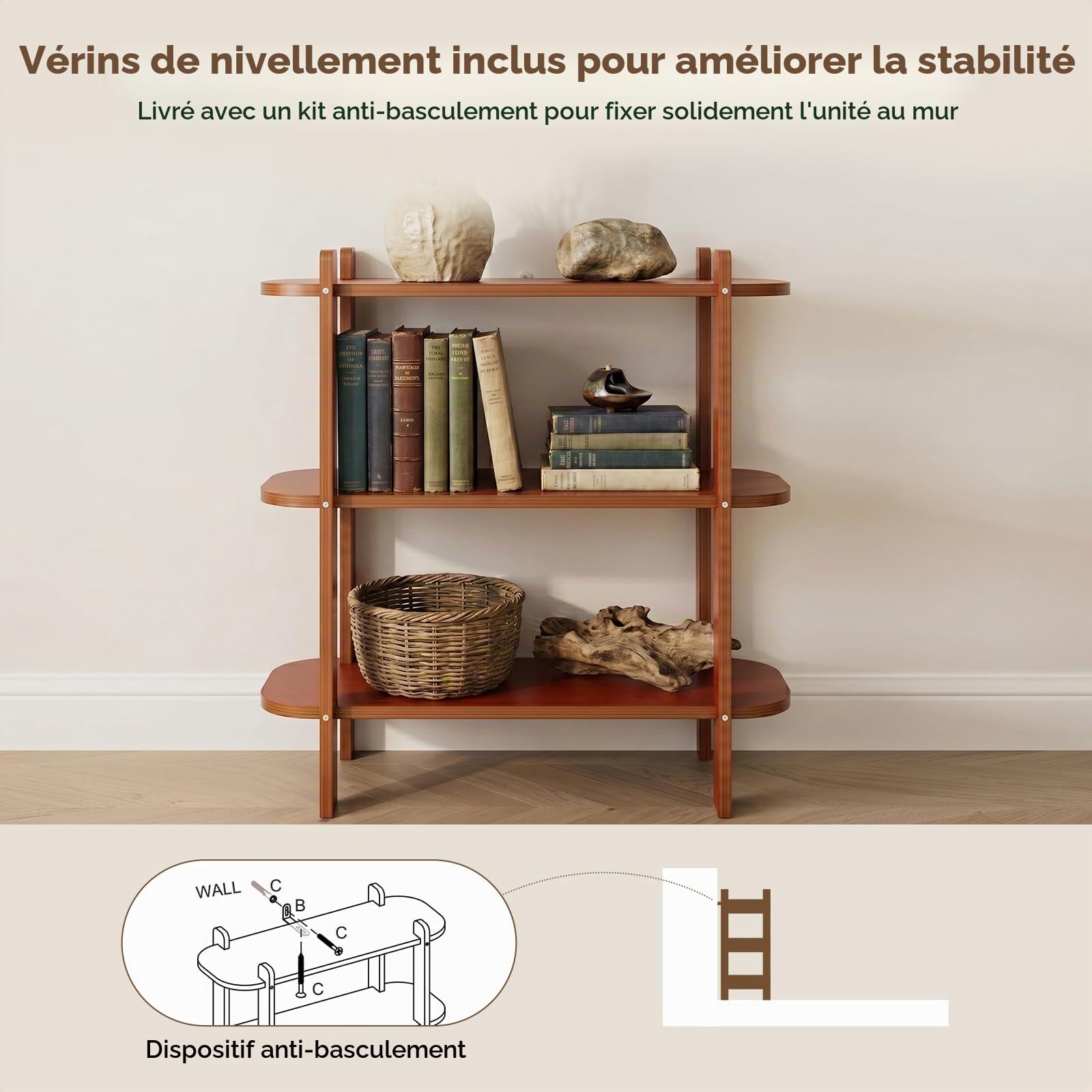 Étagère sur pied en bois à 3 niveaux, étagère en vinyle, étagère pour tourne-disque aspect noyer, étagère ouverte en bois pour le salon, support de lecteur de disques avec espace de
