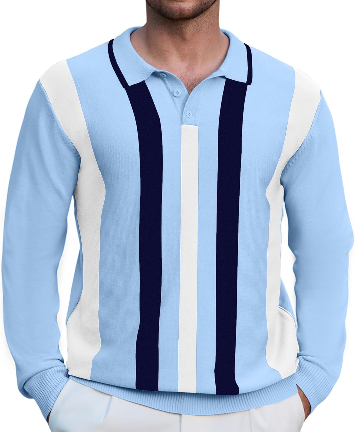 Ryehack Mens Casual Polo Shirts Knit Long Sleeve Vintage Striped Button T-Shirt Slim Fit Golf Vacation Shirt