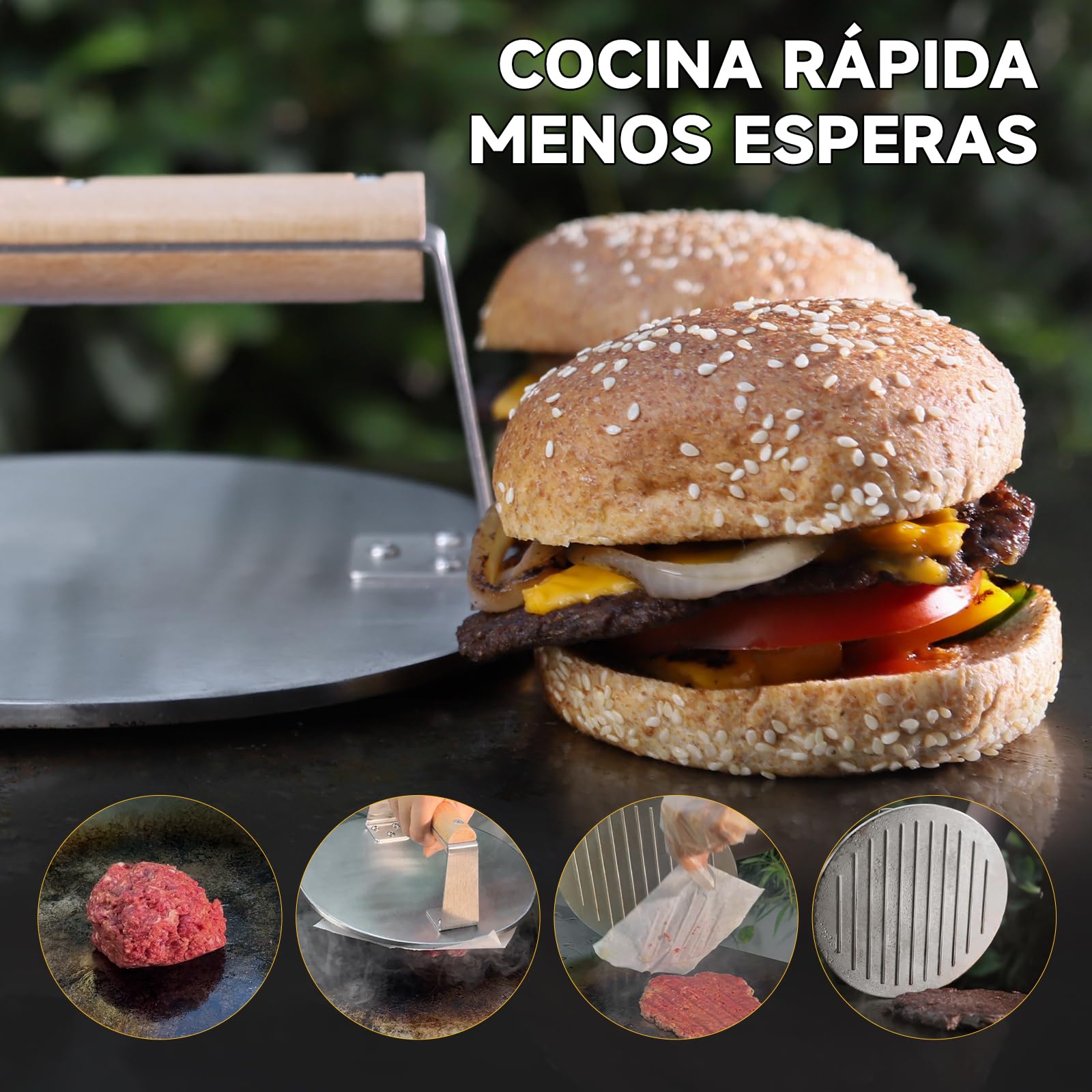 SKY FISH Prensa de hamburguesas Smash de acero inoxidable, 1650 g, prensa de parrilla de tocino y hamburguesas de alta resistencia con mango de madera, herramienta de prensa de barbacoa de 8.5