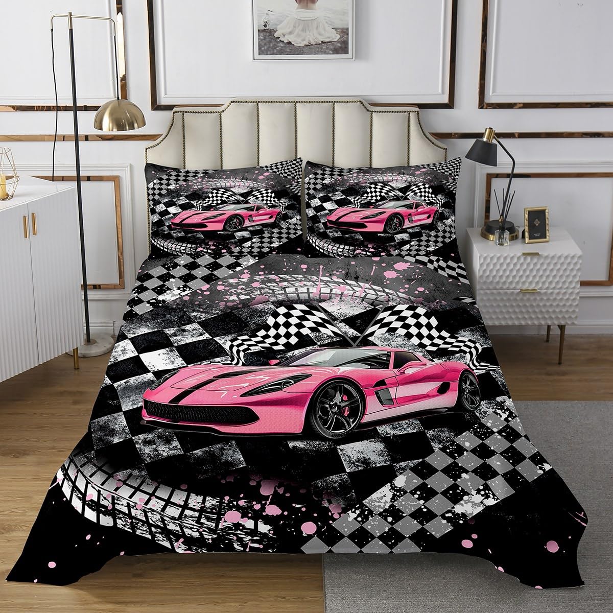 Girls Boys Racing Quilt Set Queen Size,Kids Race Car Lightweight Coverlet Bedspread,Extreme Sports Bed Cover Set,Teens Youth Cool Car Bedspread 3 Piece (1 Quilt,2 Pillow Shams)