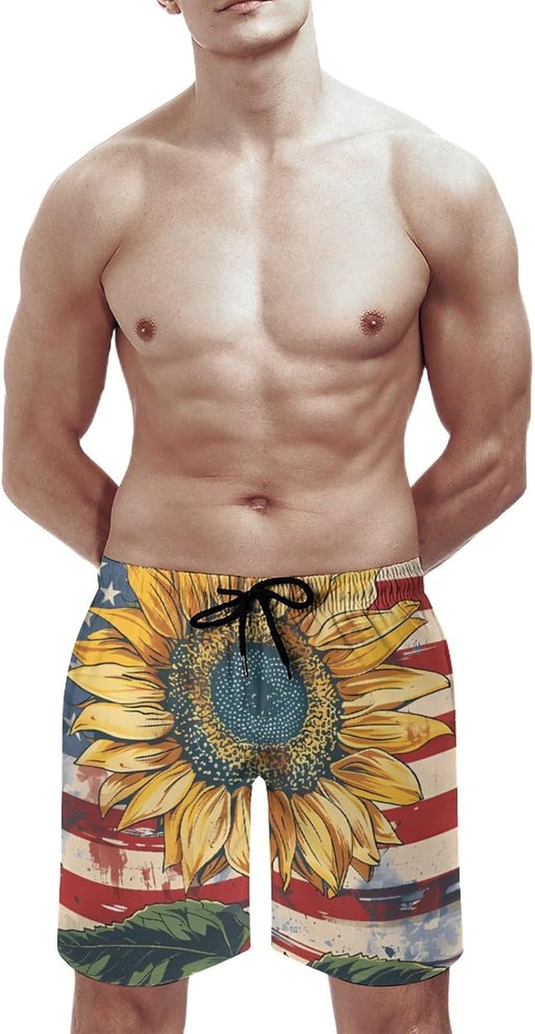 US Sunflower Flag Casual Men's Swim Trunks Novelty Summer Beach Shorts Swimwear with Pocket