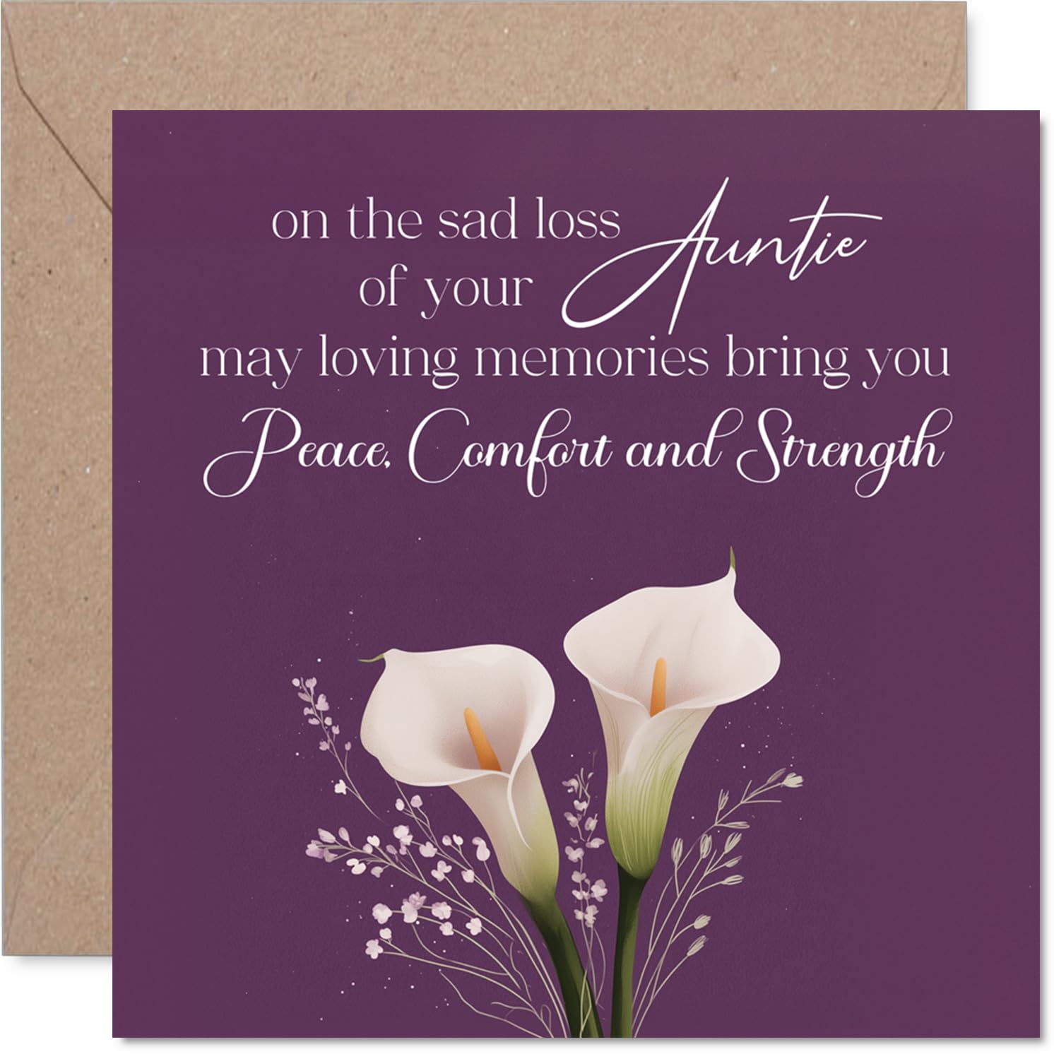 Comforting Sympathy Card - Loss of Auntie - Gentle Wishes in a Time of Loss - Elegant Calla Lilies on Soothing Purple - 145mm Square, Envelope Included