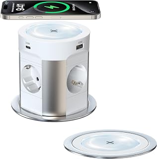9-in-1 Versenkbare Tischsteckdose mit USB C PD75W, 4 Fach Einbau Steckdosenleiste mit 15W Kabellosem Laden, Sewingvr Versenkte Steckdose für Arbeitsplatte, Büro, Küche, 1.8M Kabel, D 100MM,Weiß