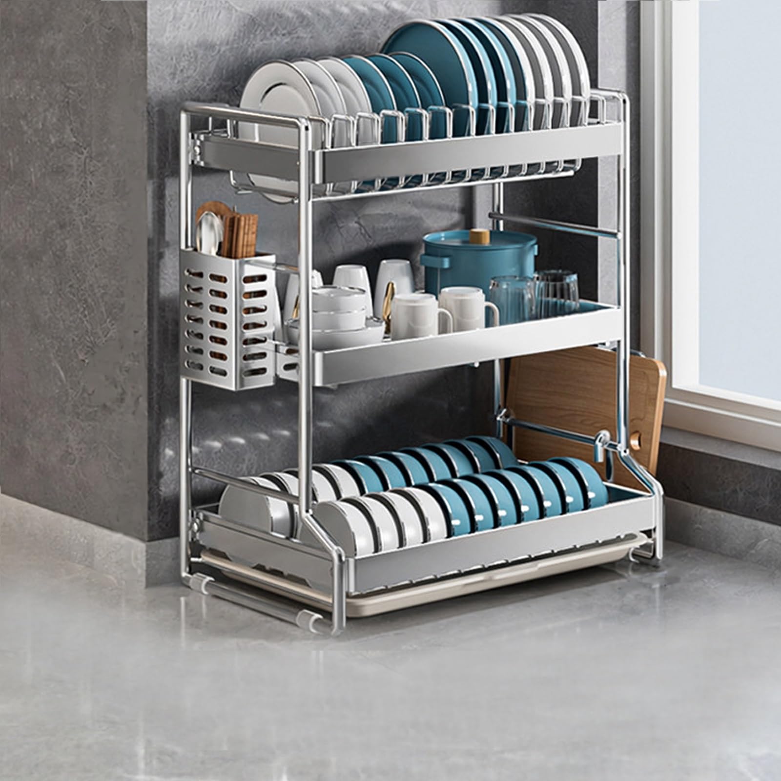 LQXCHEFYVA Countertop Dish Drying Rack, Space Saving Kitchen Plate & Bowl Drainer Storage Organizer, With Removable Drain Tray, Suitable For Draining Kitchen Dishes(B,42x48cm/16.5x18.9in)