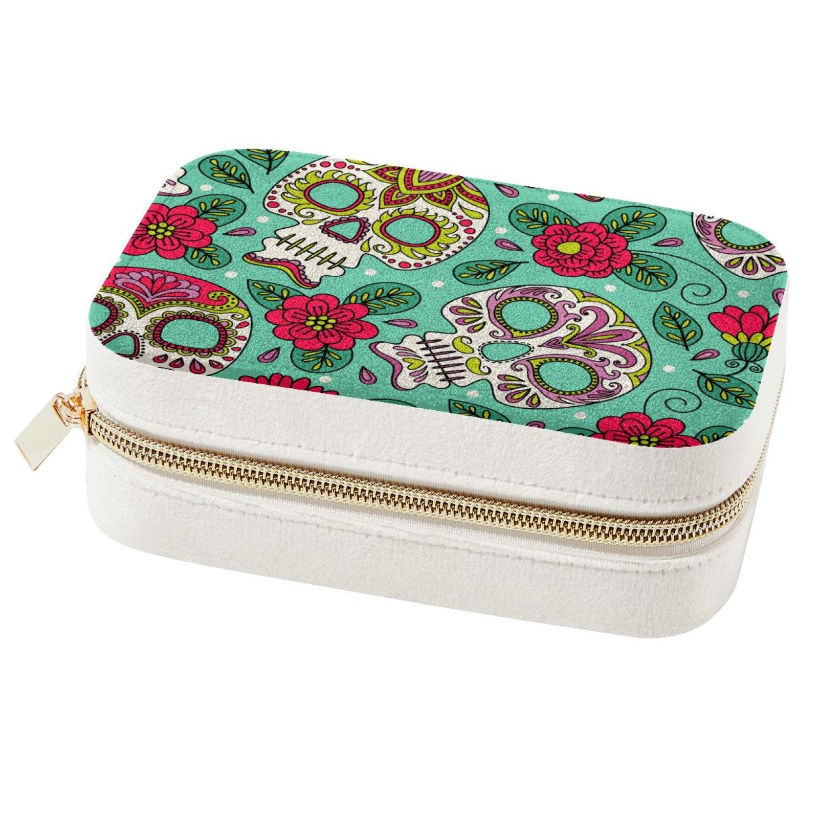 Boîte à bijoux de voyage femme motif tête de mort et fleurs, mini organiseur de bijoux