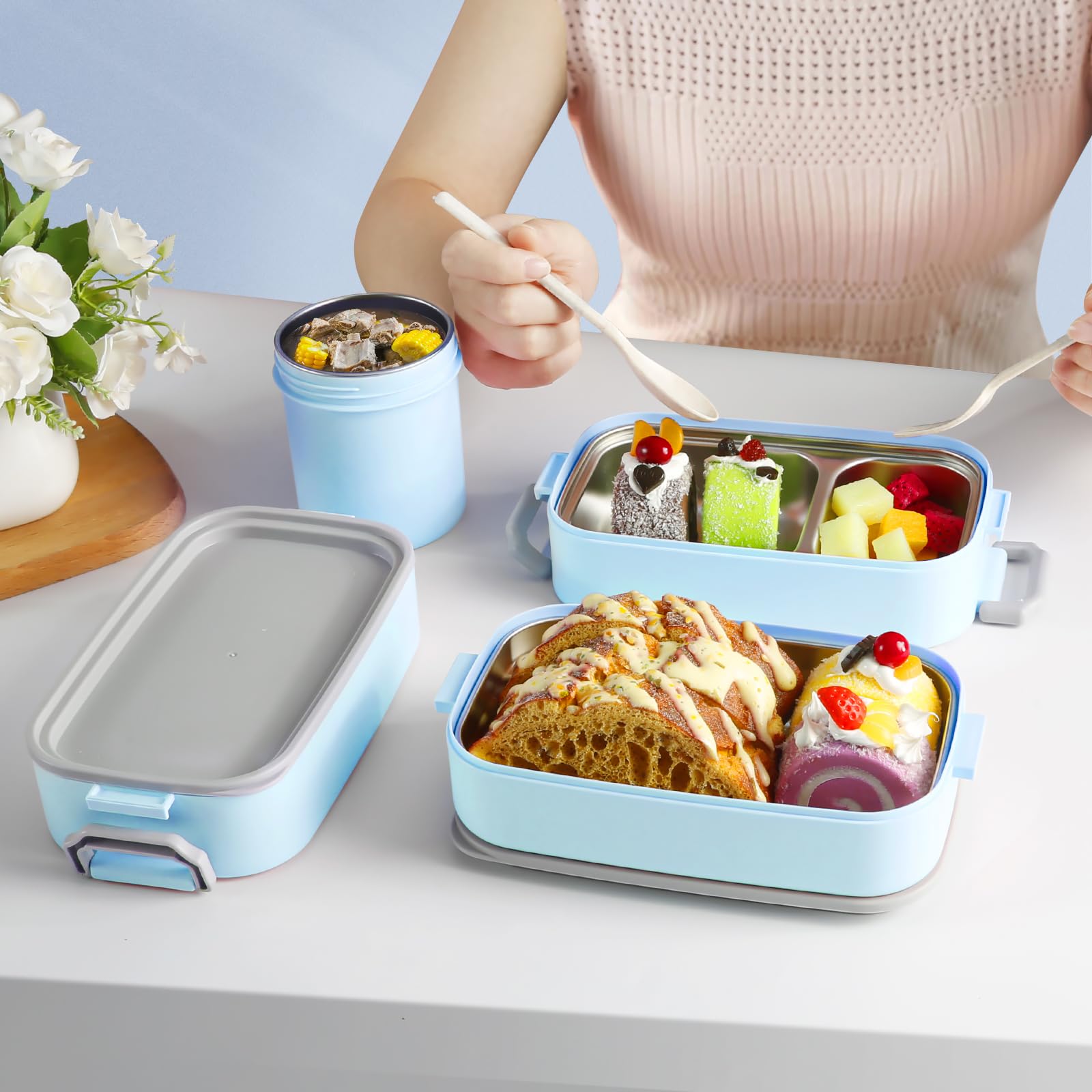 Boîte à Bento En Acier Inoxydable à 3 Niveaux, Boîte à Lunch écologique Pour Enfants, Récipient Pour Aliments à Compartiment Empilable étanche Avec Couverts Et Sacs à Lunch Pour Adultes Et Enfants