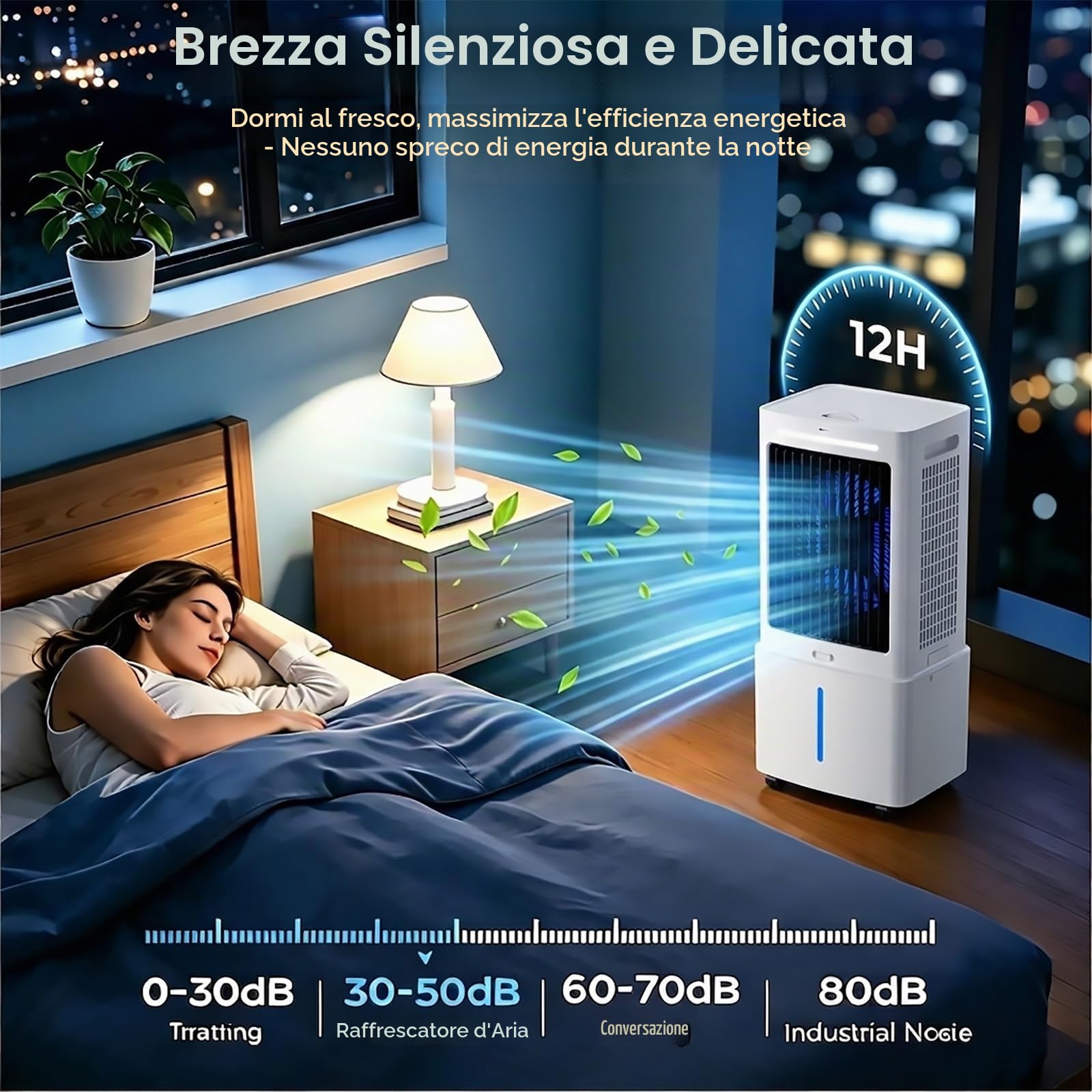 Silenzioso Condizionatore d'aria Senza Tubo di Scarico, Climatizzatore Portatile con Timer da 12 H, 35 dB, Oscillazione di 120°, Telecomando, 3 Velocità, 4 Ruote, per Camera da Letto e Garage
