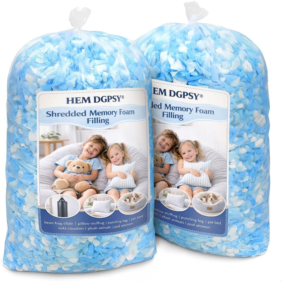 10lbs Shredded Memory Foam Filling, Blue and White Bean Bag Filler, Soft Pillow Stuffing Refill for Punching Bag, Couch, Cushion, Dog Bed, Pouf, Arts and Crafts