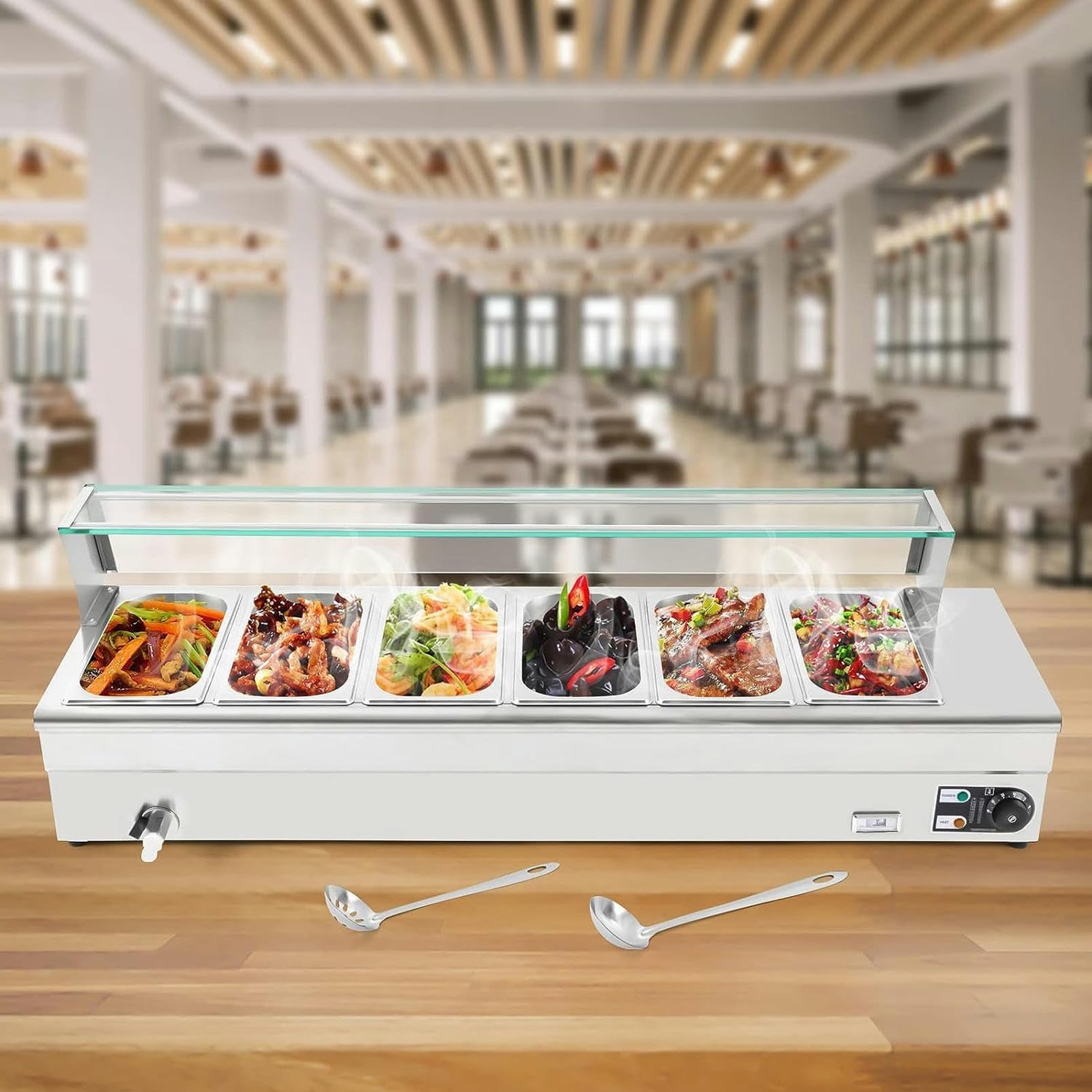 Calentador de alimentos, 6 sartenes 1/3 GN, mesa de vapor eléctrica comercial de acero inoxidable, 1200 W, 19 cuartos de galón con protector de vidrio templado