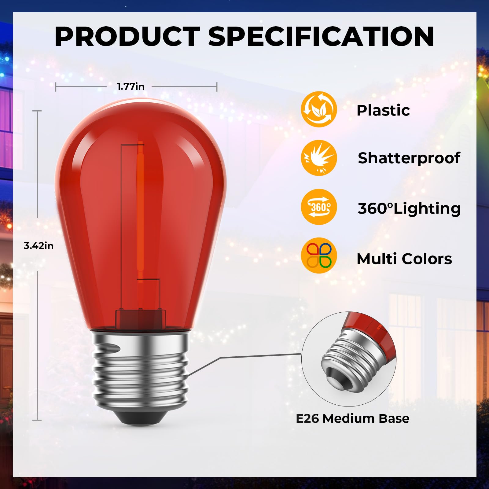 24 Pack LED S14 Colored Light Bulbs for Outdoor String Lights Shatterproof 1W Replacement Bulbs for Patio Lights — view 6