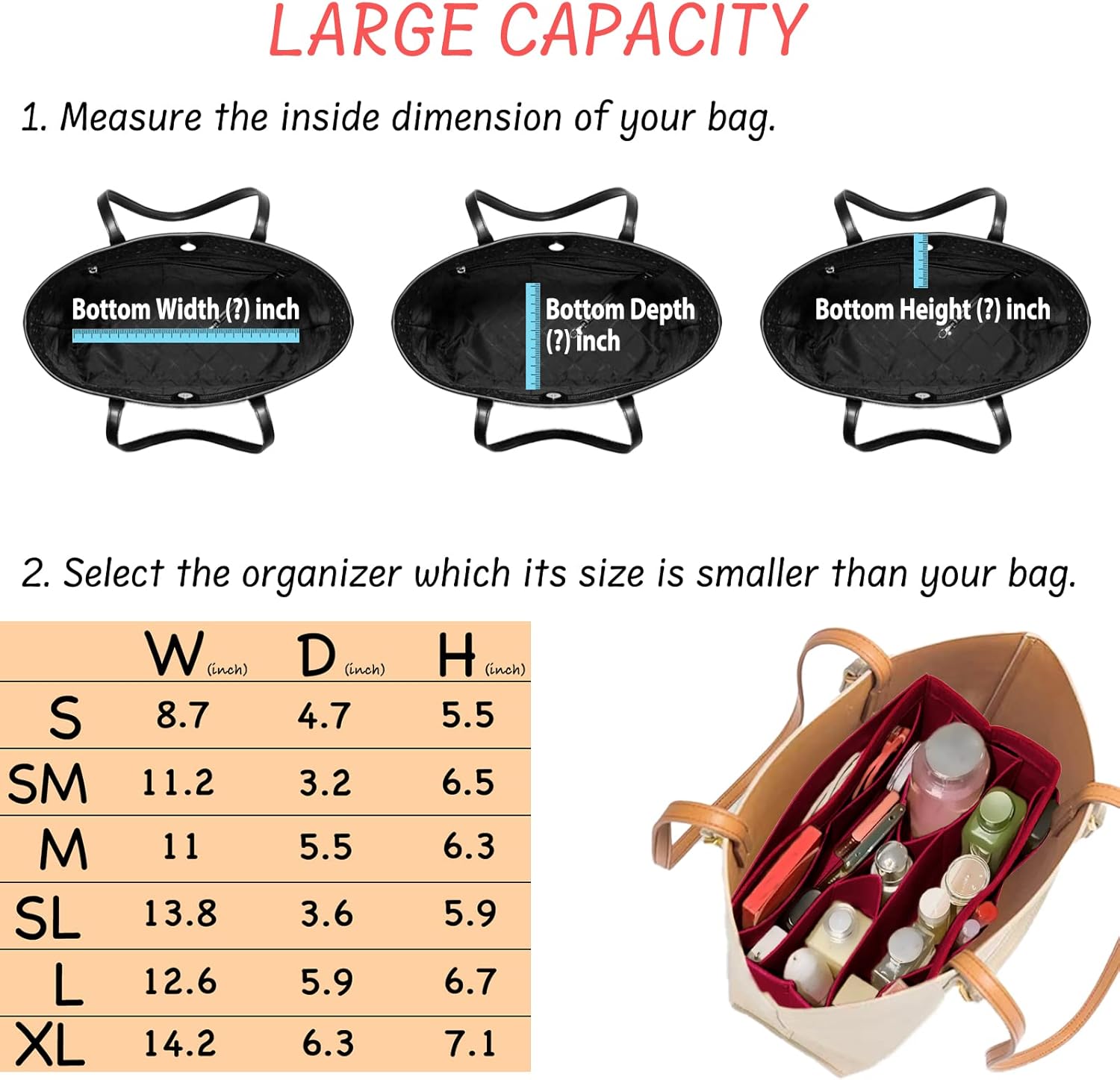 Purse Organizer Insert Felt Bag Organizer Handbag Organizer Insert Bag In Bag Organizer for Tote Purse Bag 14 Pockets Dark Red Large - Image 6
