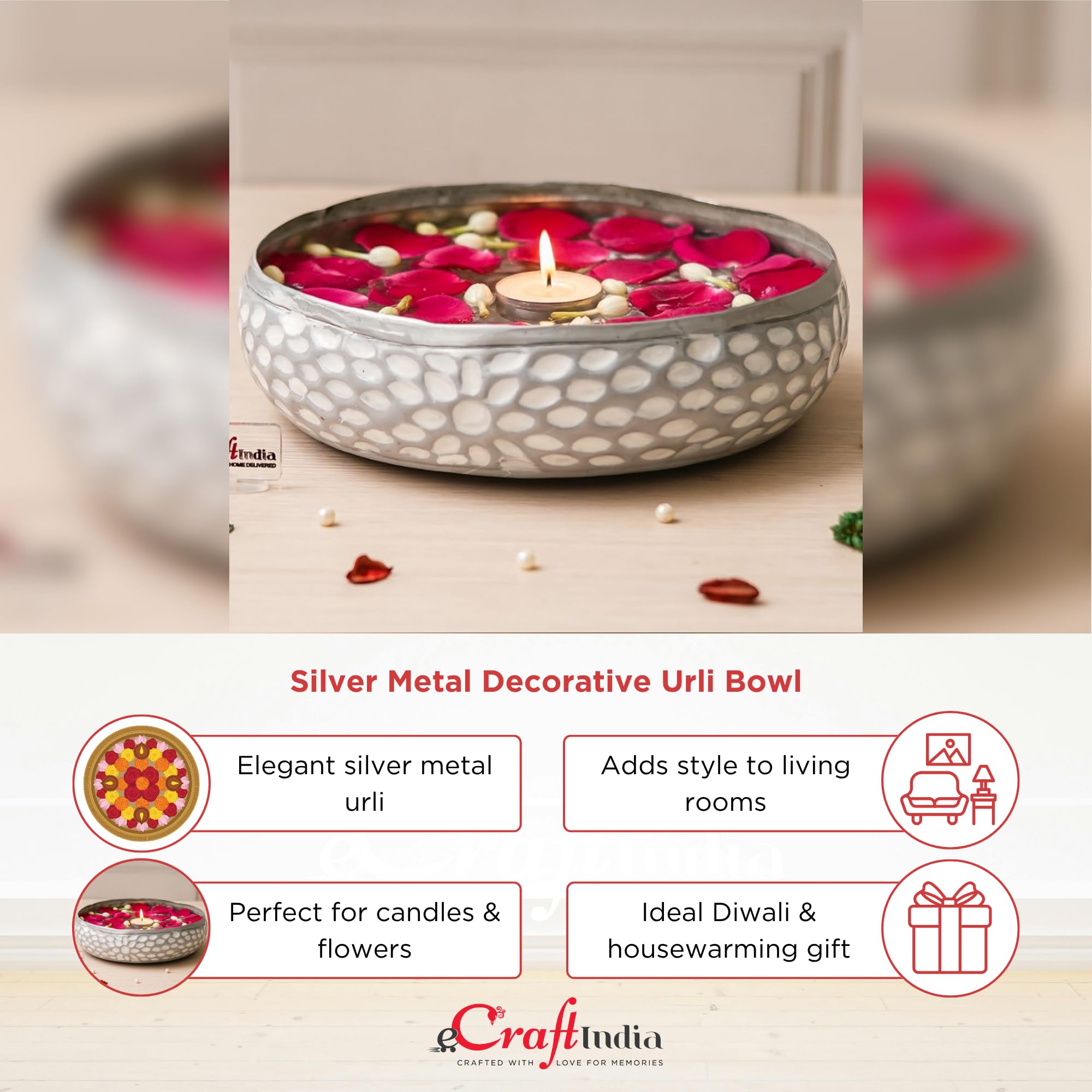 eCraftIndia Silver Metal Urli Bowl for Home Decoration Office Tv Unit Kitchen Showpiece for Good Luck | Urli for Floating Candles Flowers for Pooja Room Entryway Living Room Diwali Gift 3