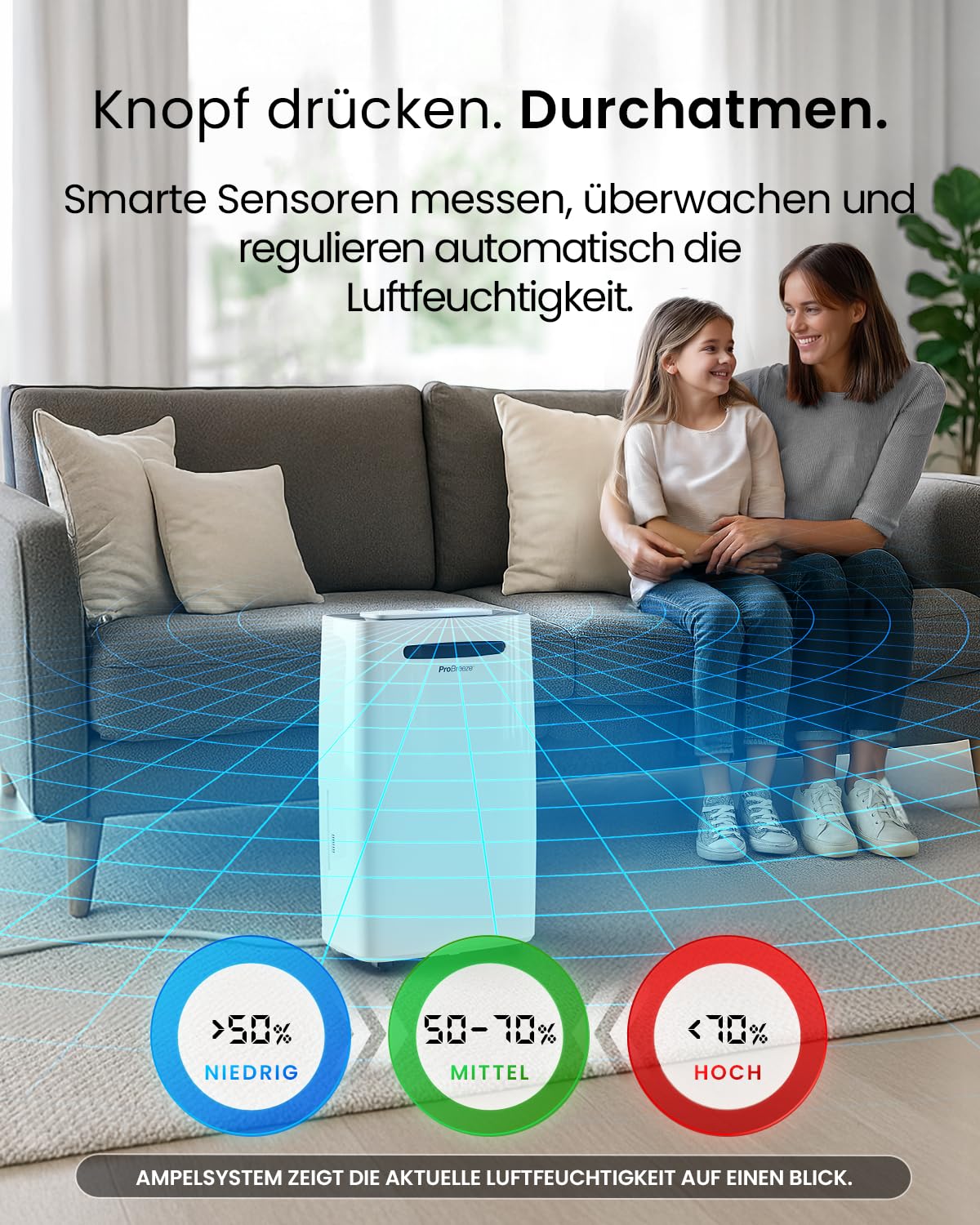 Pro Breeze Luftentfeuchter 20L in 24h Entfeuchtungsleistung - Raumgröße ca. 195m³ (~30 m²) - mit 4 Betriebsarten, Digitalanzeige, Ablaufschlauch, Wäschetrocknung, Timer - Gegen Feuchtigkeit, Schimmel