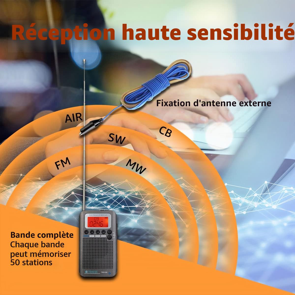 Retekess TR105 Récepteur à Ondes Courtes, Radio Portable Récepteur de Bande d'avion, FM AM SW CB AIR de Syntonisation Numérique avec Fonction Minuterie et Horloge,LCD,Cadeau(Gris)