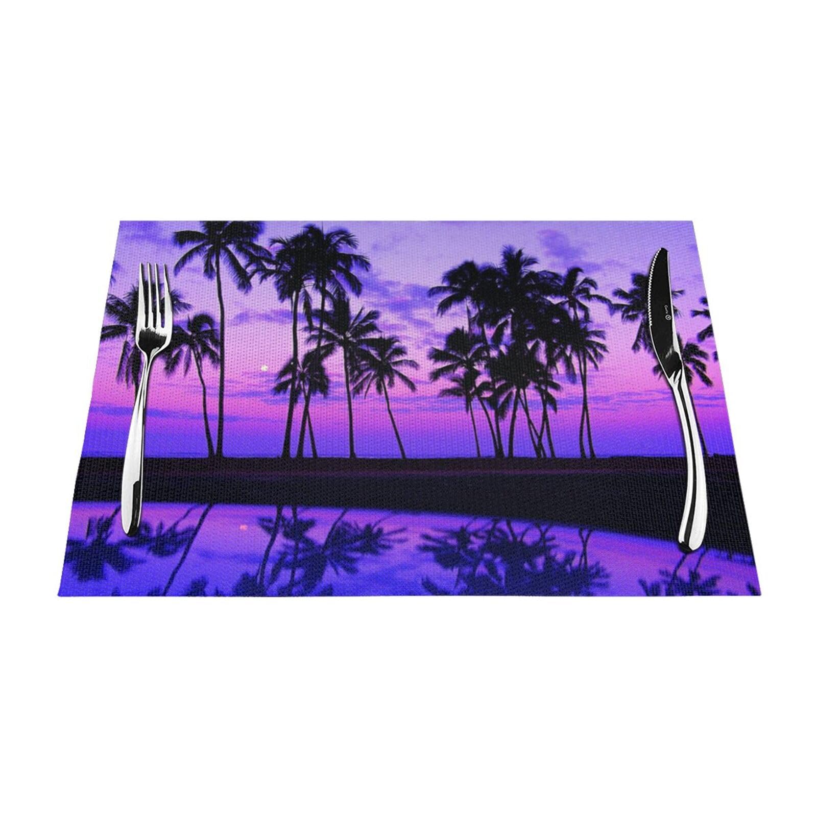 PVC Placemat Set of 6 PCS, 45x30 CM, Palm Tree Purple Sunset Printed Non-Slip Heat Resistant Place Mats for Kitchen Dining Table Indoor Outdoor