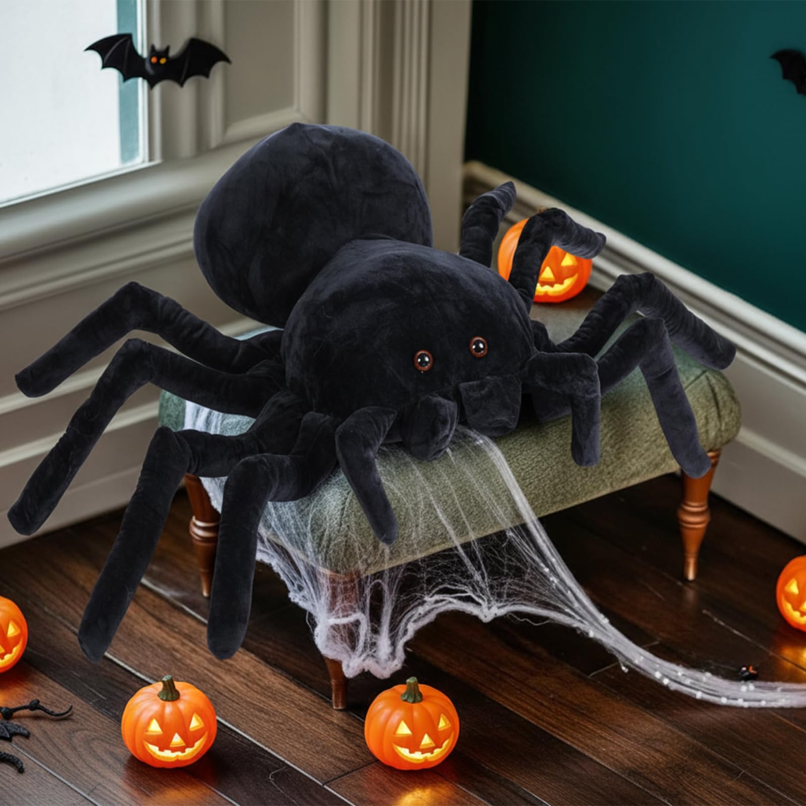 HyDren 15.75 x 9.84 Inch Giant Stuffed Spider Plush Toy Cute Halloween Decorations Indoor Spider Pillow Gifts for Kids Halloween Bedroom Decor Stuffed Animal for Party Hugging Pranks Sofa Couch Bed