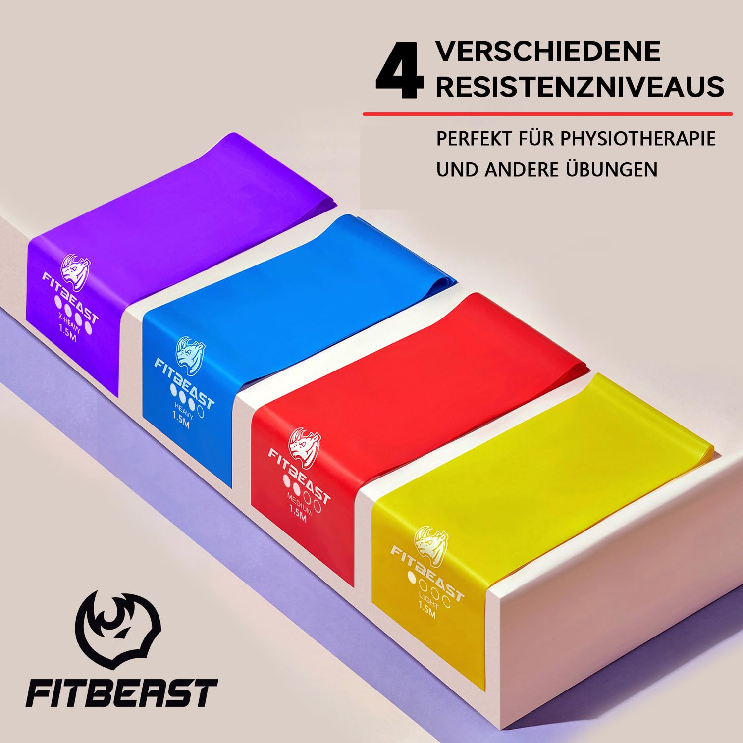 FitBeast Set di 4 fasce terrestri da 1.5 m, con 4 fasce da ginnastica, con borsa per il trasporto e istruzioni per l'esercizio, fascia per fitness, pilates, yoga, allenamento con