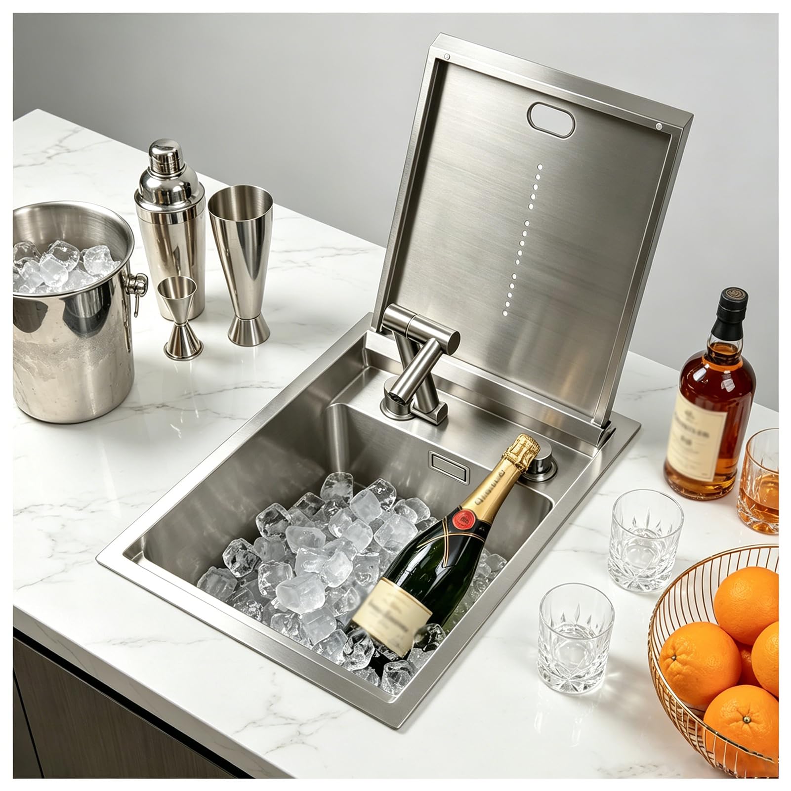 HZKSINNK 45 x 35 cm Invisible Stainless Steel Bar Sink, Silver with Folding Tap, Concealed Undermount Kitchen Sink with Cover, Small Single Sink for Kitchen Island, Home Bar and Motorhome