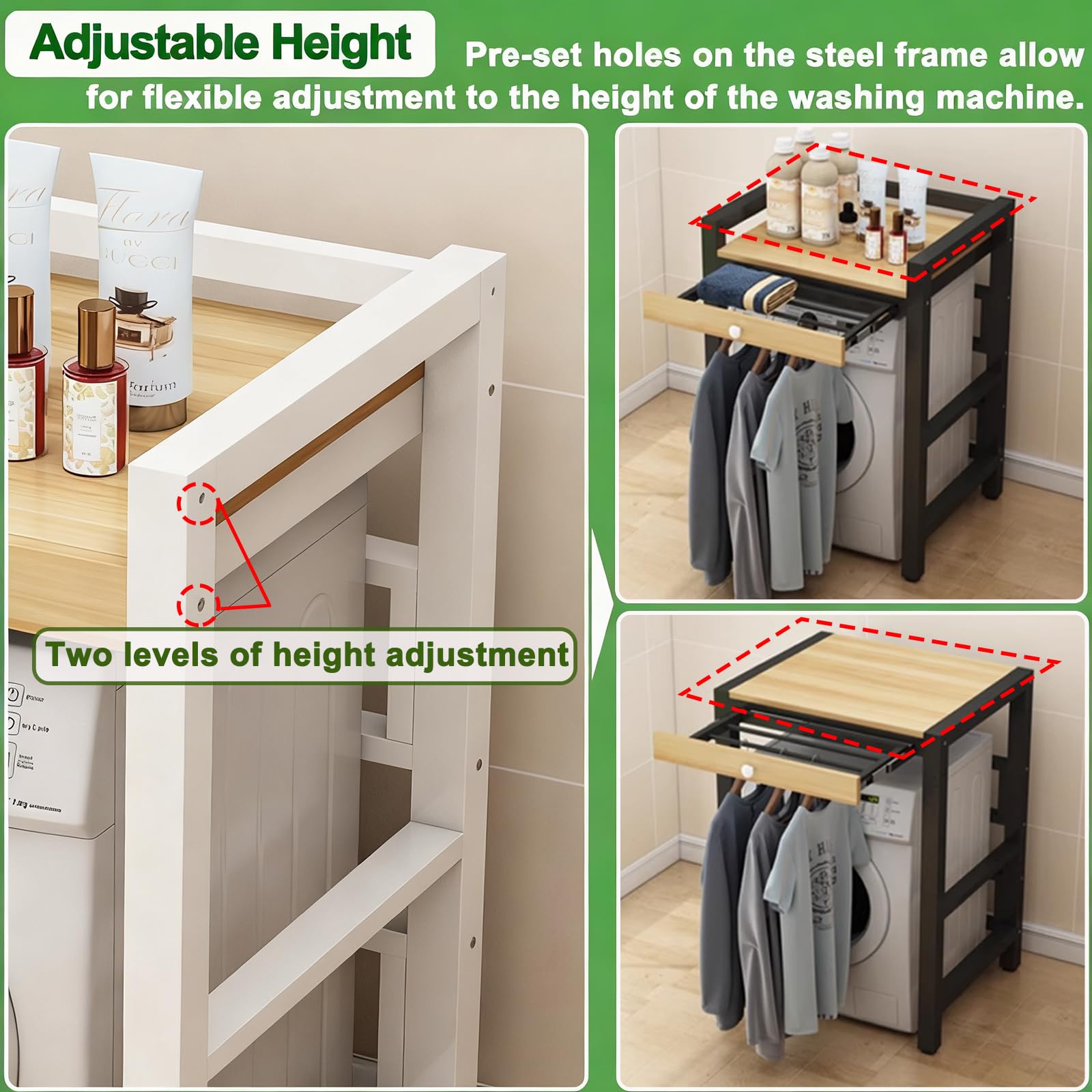 Mueble Lavadora Secadora Mueble para Lavadora Altura Con tendedero oculto Altura ajustable Mueble Lavadora Secadora Vertical Capacidad de 200kg Estantería Lavadora sin Montaje en Pared white 1-Tiers