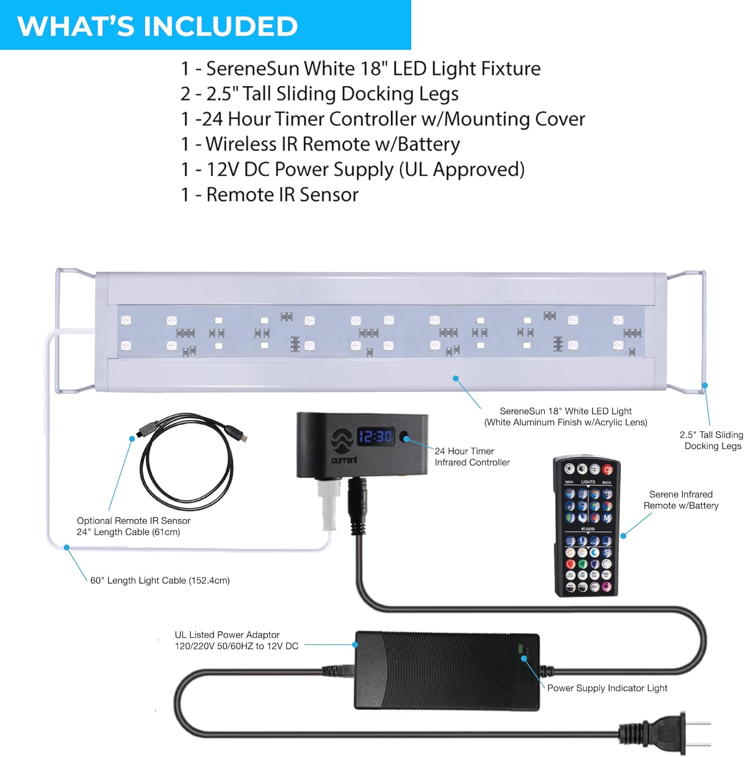 SereneSun 18" RGB+W Freshwater Aquarium Terrarium Reptile LED Light with 24 Hour Color Timer and Remote Control| RGB + 6,500K White | For Fish Tank, Reptile, Terrarium & Plants | Fits 18" to 24"