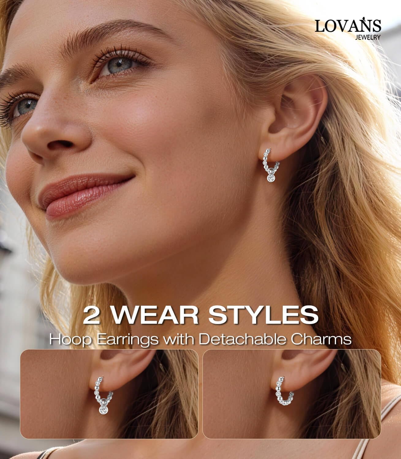 14K Gold Plated Beaded Hoop Earrings with 925 Sterling Silver Post,Hypoallergenic Small Huggie Hoop Earrings with Dangle Charm for Women - Image 2