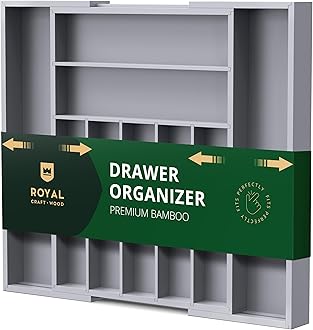 ROYAL CRAFT WOOD Luxury Bamboo Caddy Kitchen Drawer and Silverware Organizer, Utensil Holder and Cutlery Tray with Grooved Drawer Dividers for Flatware 9 Slot, Gray